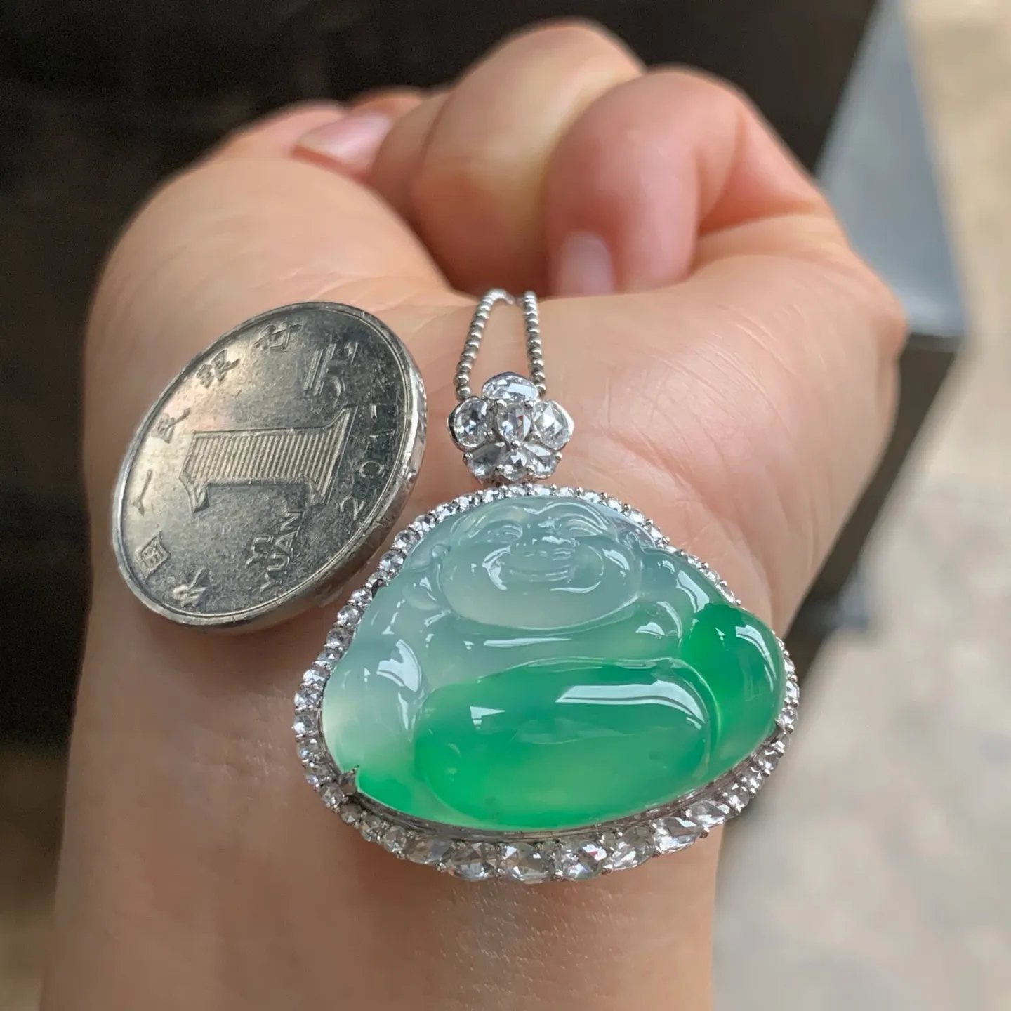 冰绿佛公 颜色漂亮 水润 18K金镶嵌