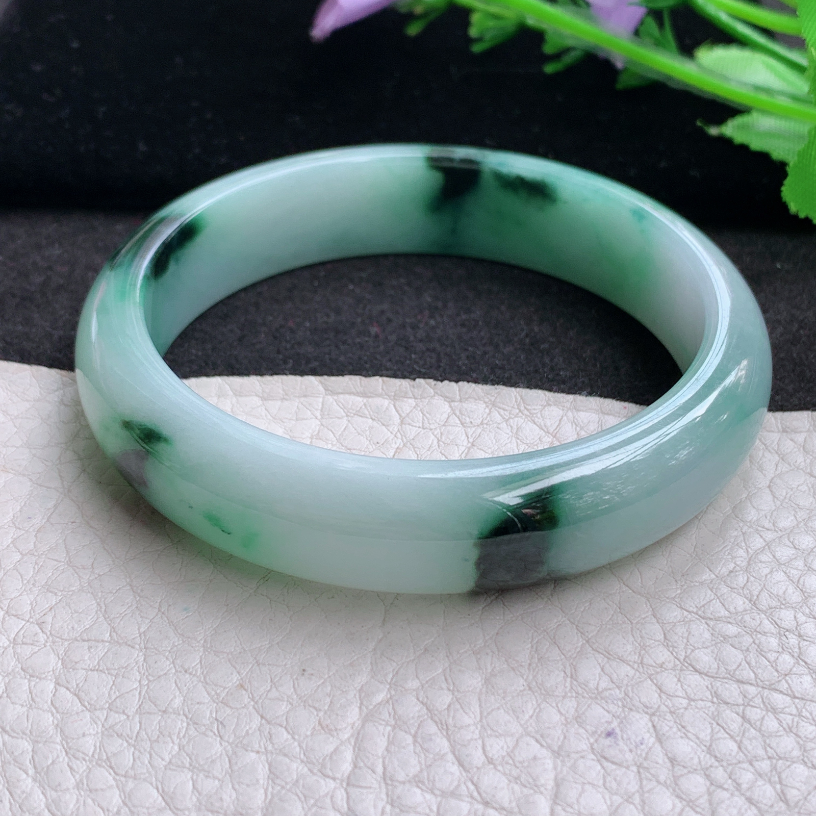 yw飘花款57.5*13.5*7.4平安镯 天然缅甸翡翠A货细润飘逸宽边玉手环