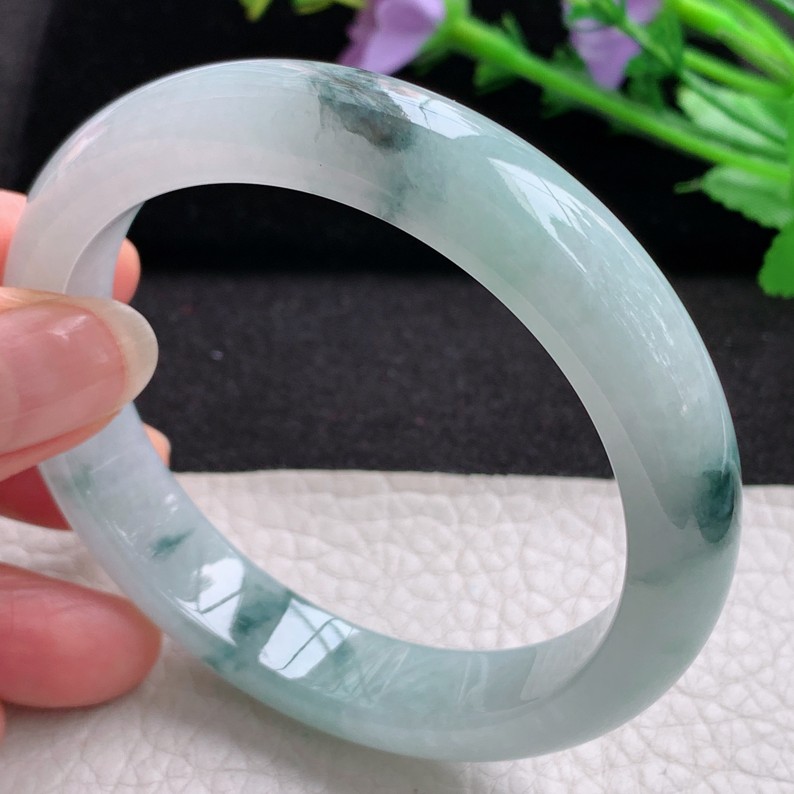xx冰润飘逸款58.5*12.8*8.6平安镯 天然缅甸翡翠A货细润冰飘花宽边玉手环