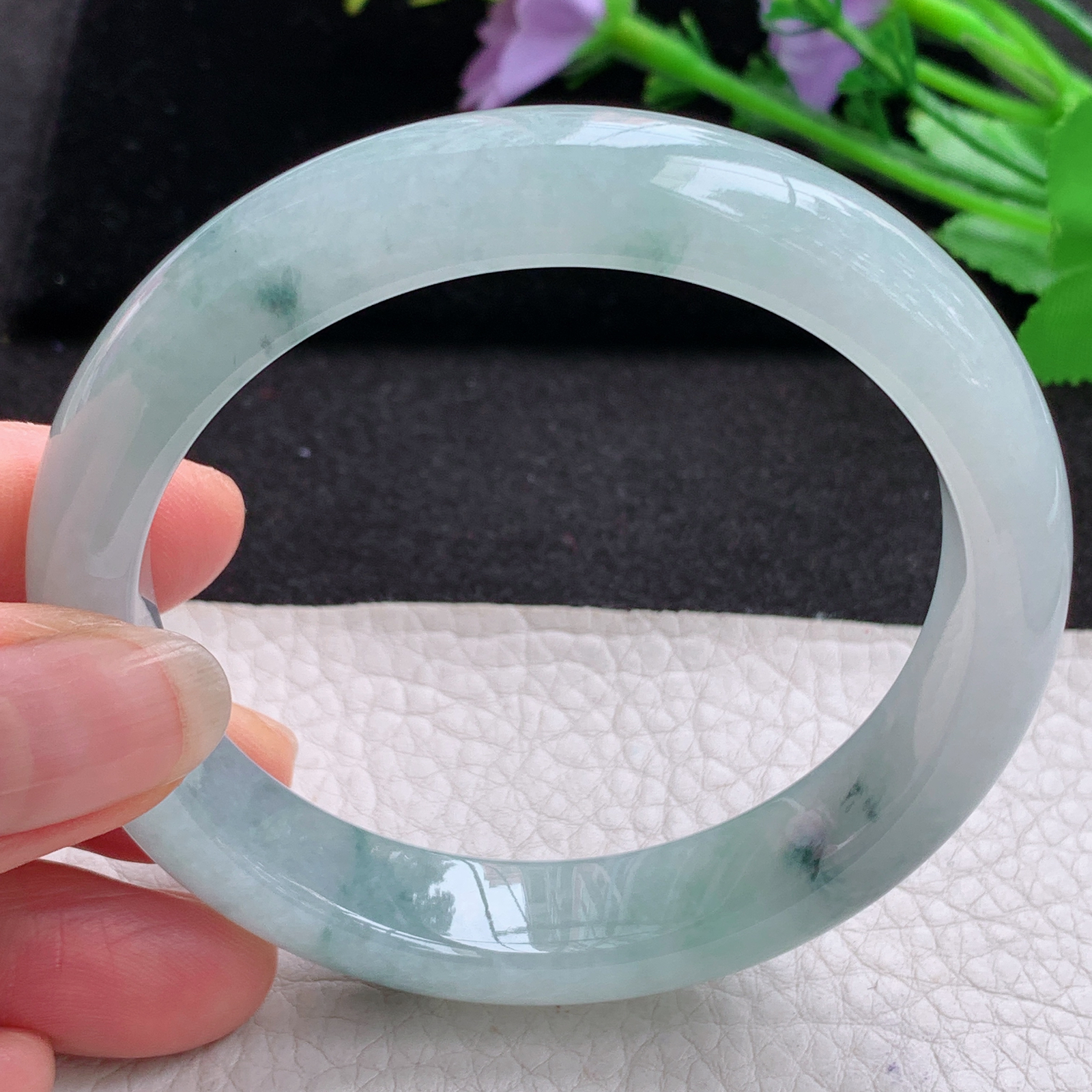 xx冰润飘逸款58.5*12.8*8.6平安镯 天然缅甸翡翠A货细润冰飘花宽边玉手环