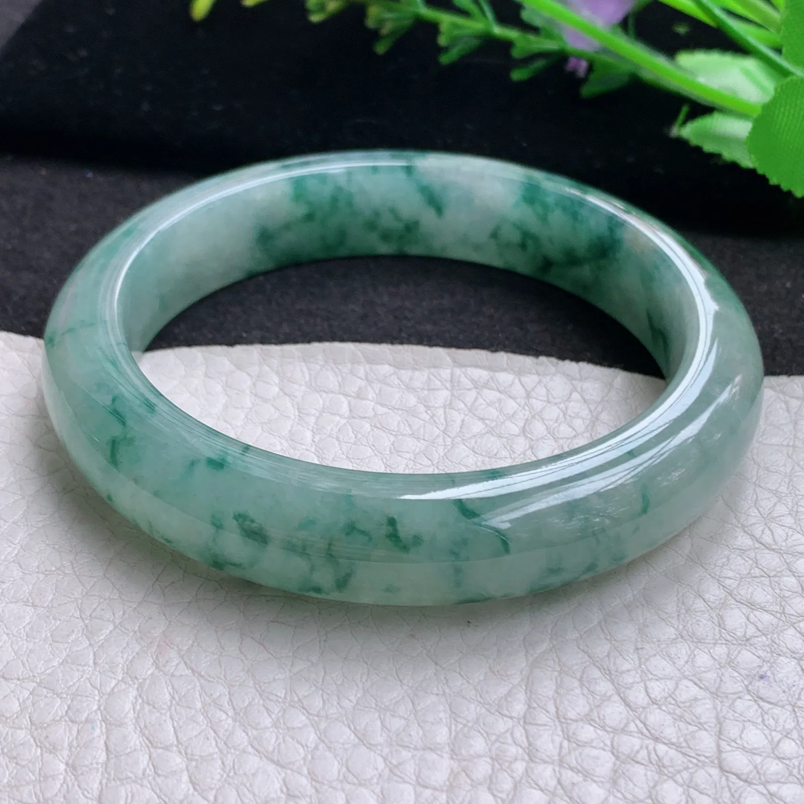 mq大圈口飘花款60*12.8*9平安镯 天然缅甸翡翠A货冰润大气飘逸宽边玉手环