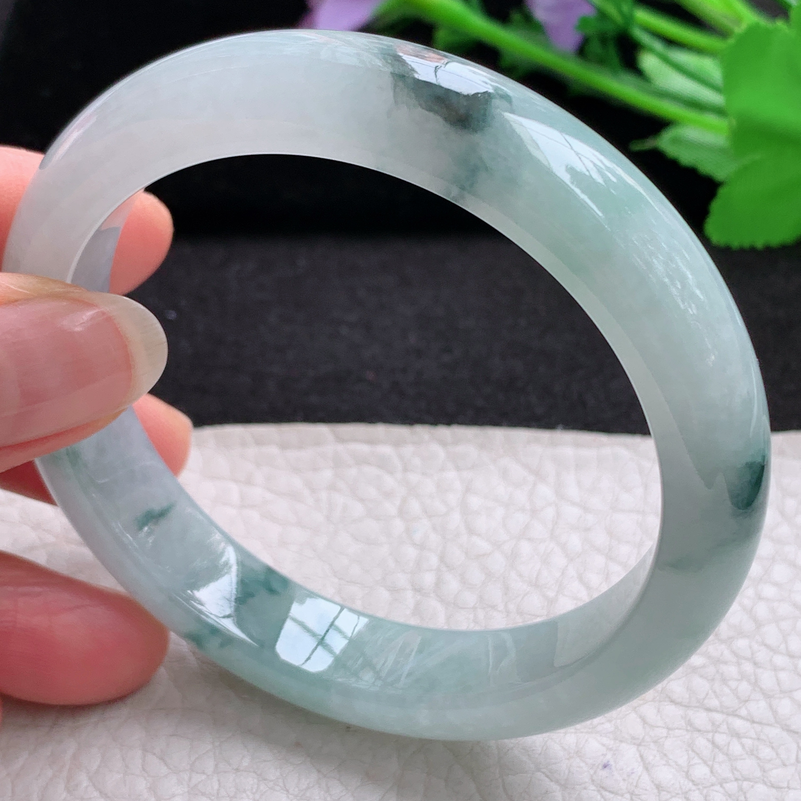 xx冰润飘逸款58.5*12.8*8.6平安镯 天然缅甸翡翠A货细润冰飘花宽边玉手环