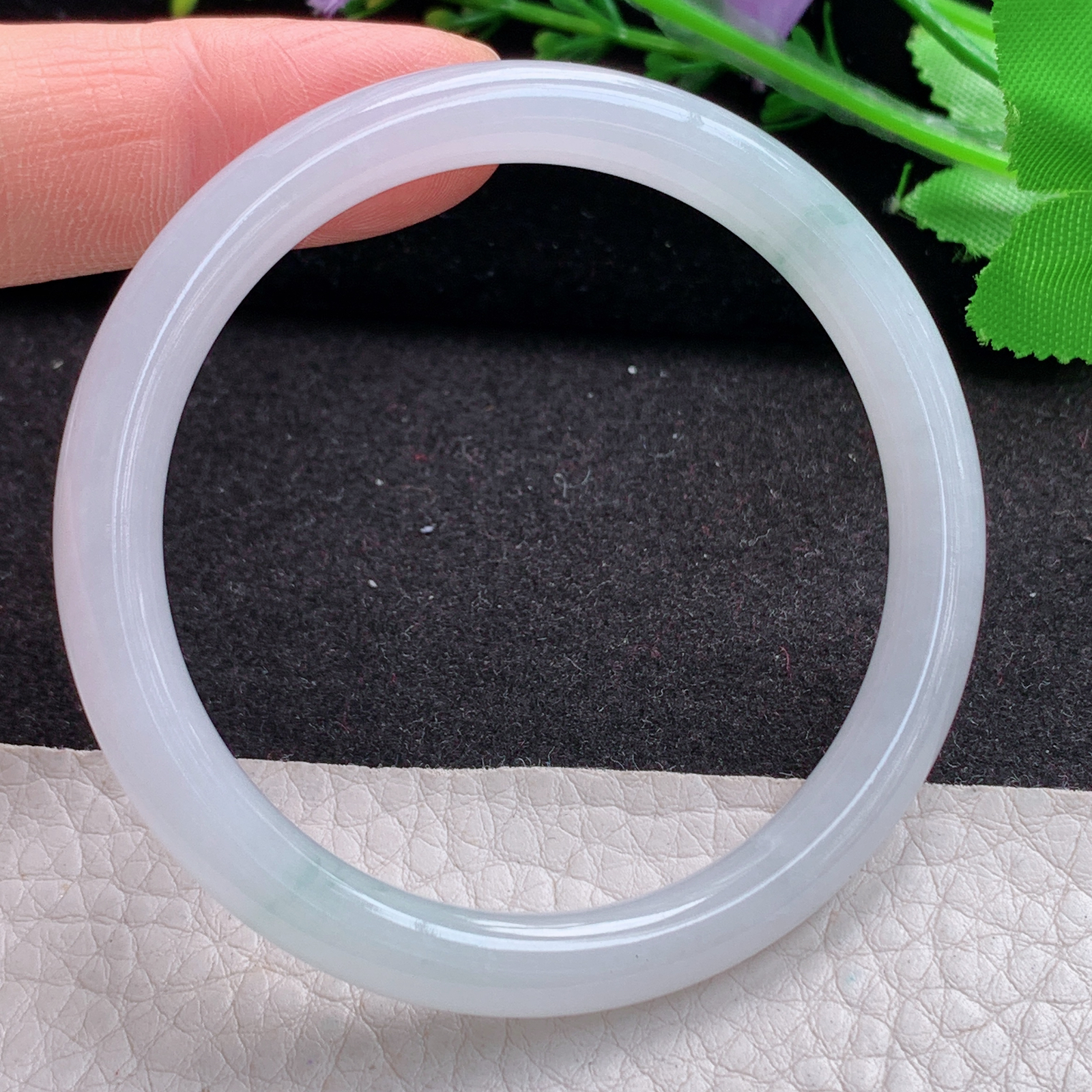 n小圈口51*6.3*6.8叮当镯 天然缅甸翡翠A货冰飘花圆条美人镯