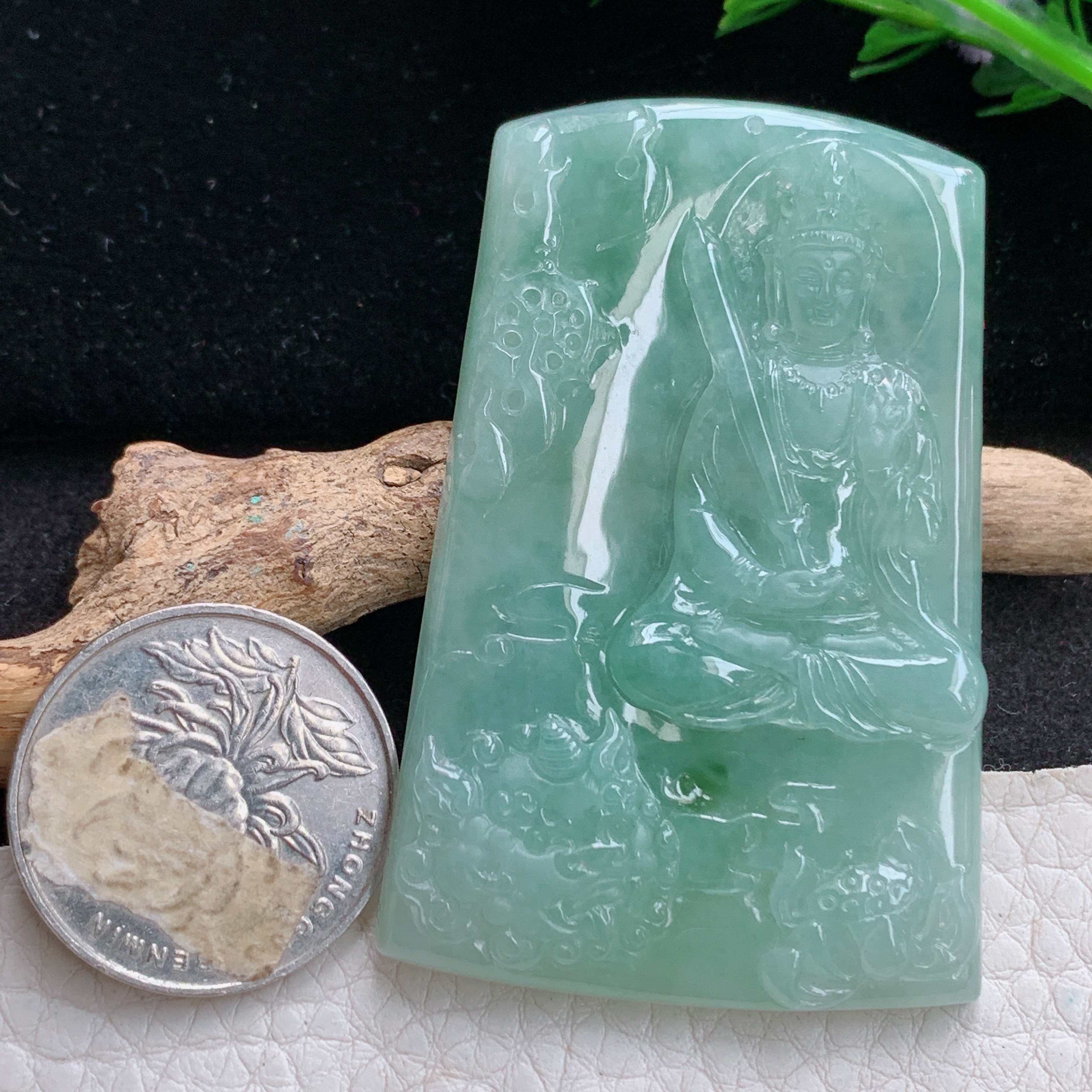 ktj自然光59.5*39*6天然缅甸翡翠冰透文殊观音菩萨吊坠 本命年生肖守护神