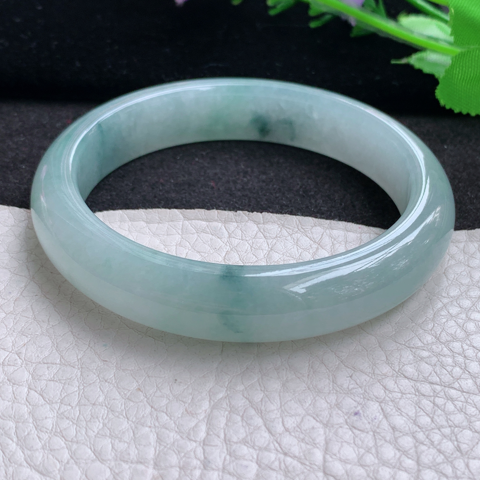 xx冰润飘逸款58.5*12.8*8.6平安镯 天然缅甸翡翠A货细润冰飘花宽边玉手环