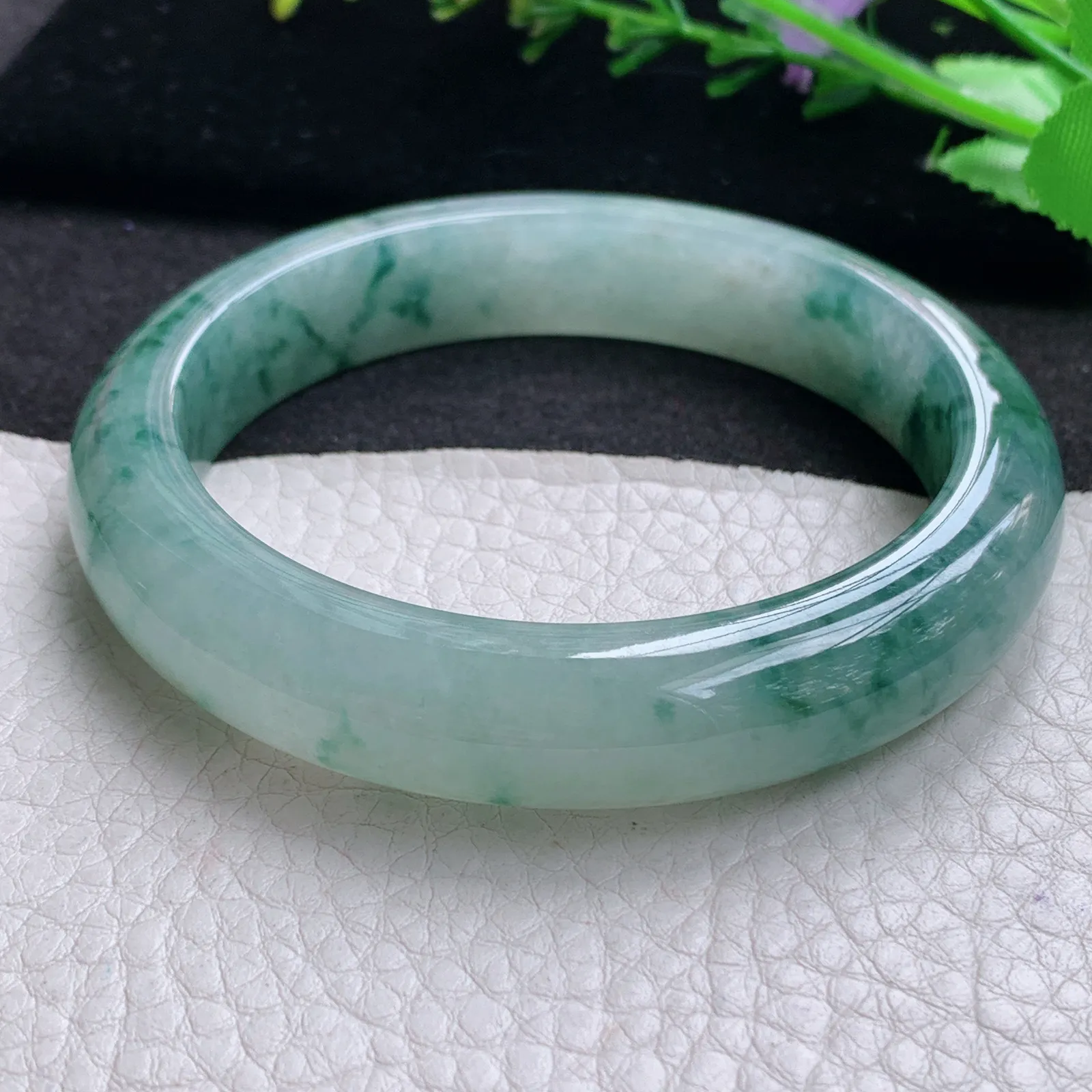 mq大圈口飘花款60*12.8*9平安镯 天然缅甸翡翠A货冰润大气飘逸宽边玉手环