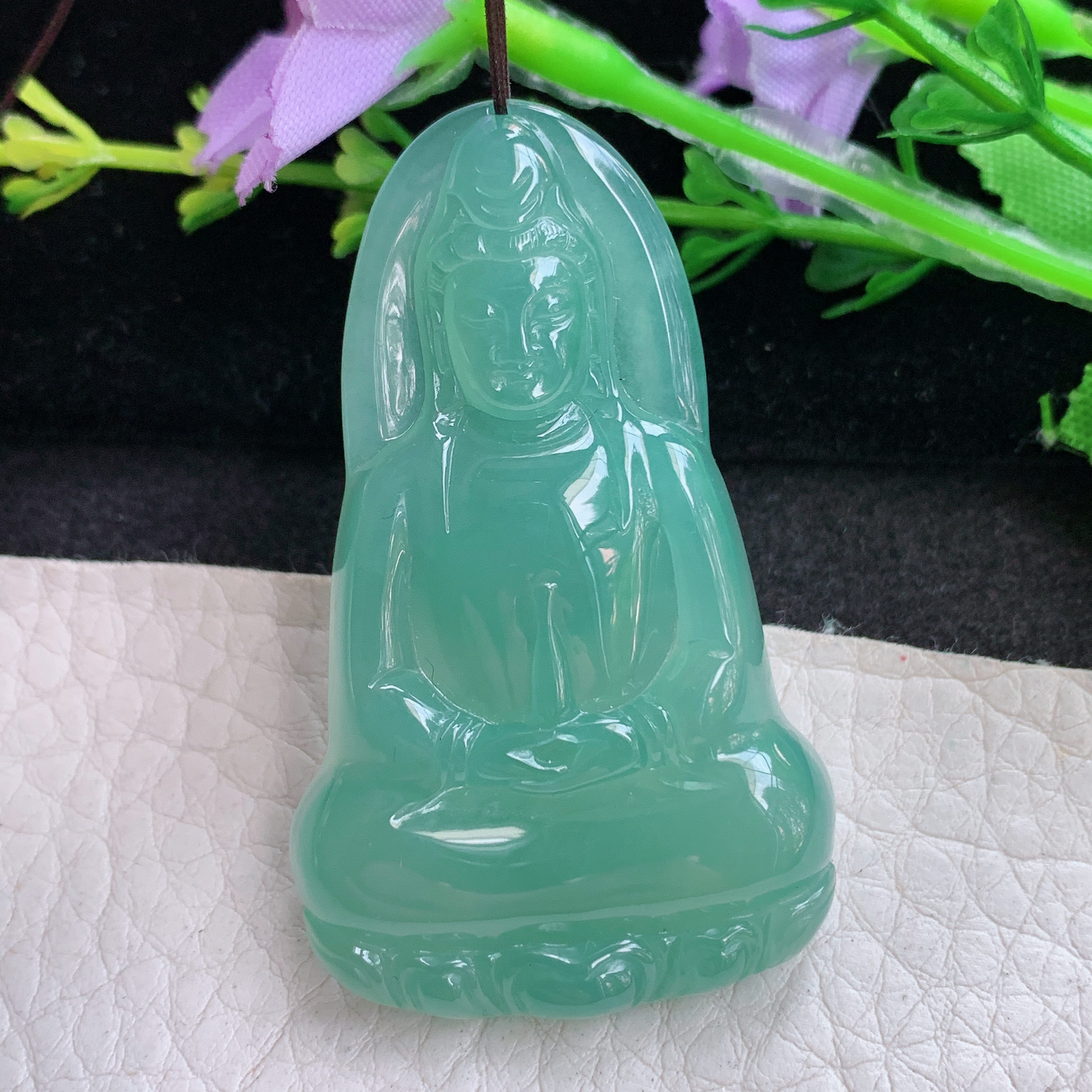 sd自然光50.2*30.8*5.8天然缅甸翡翠冰种油绿素衣观音吊坠 净瓶菩萨玉坠