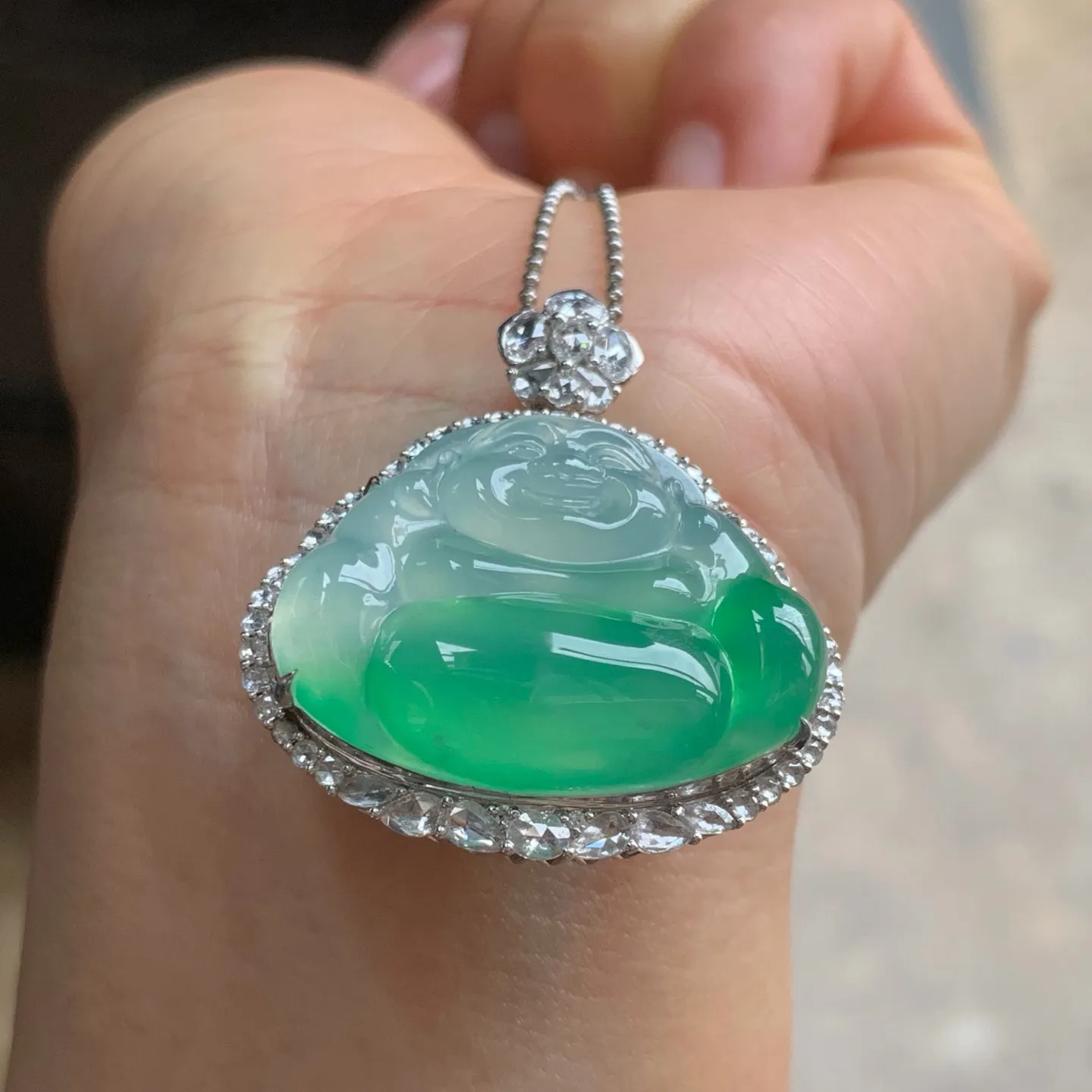 冰绿佛公 颜色漂亮 水润 18K金镶嵌