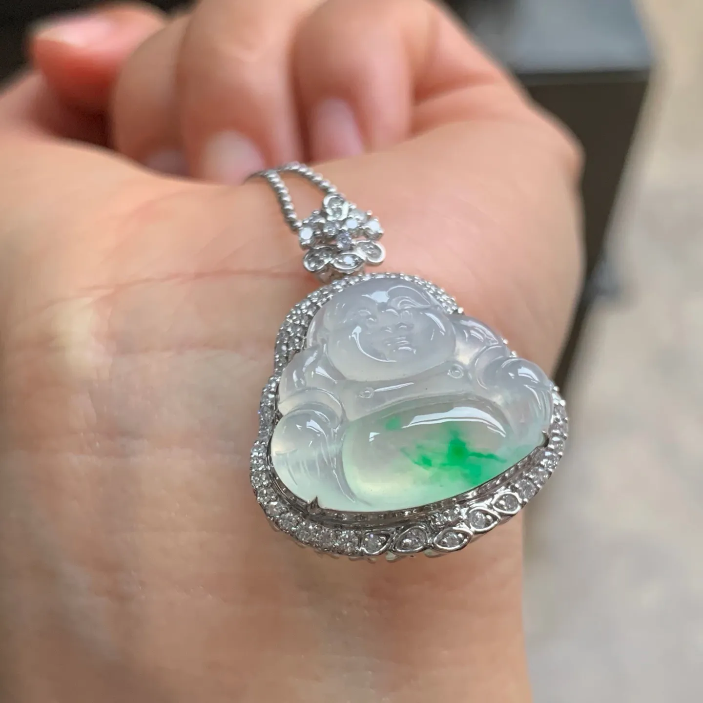 冰种金丝绿佛公 肚里藏金 水润冰透 18K金镶嵌