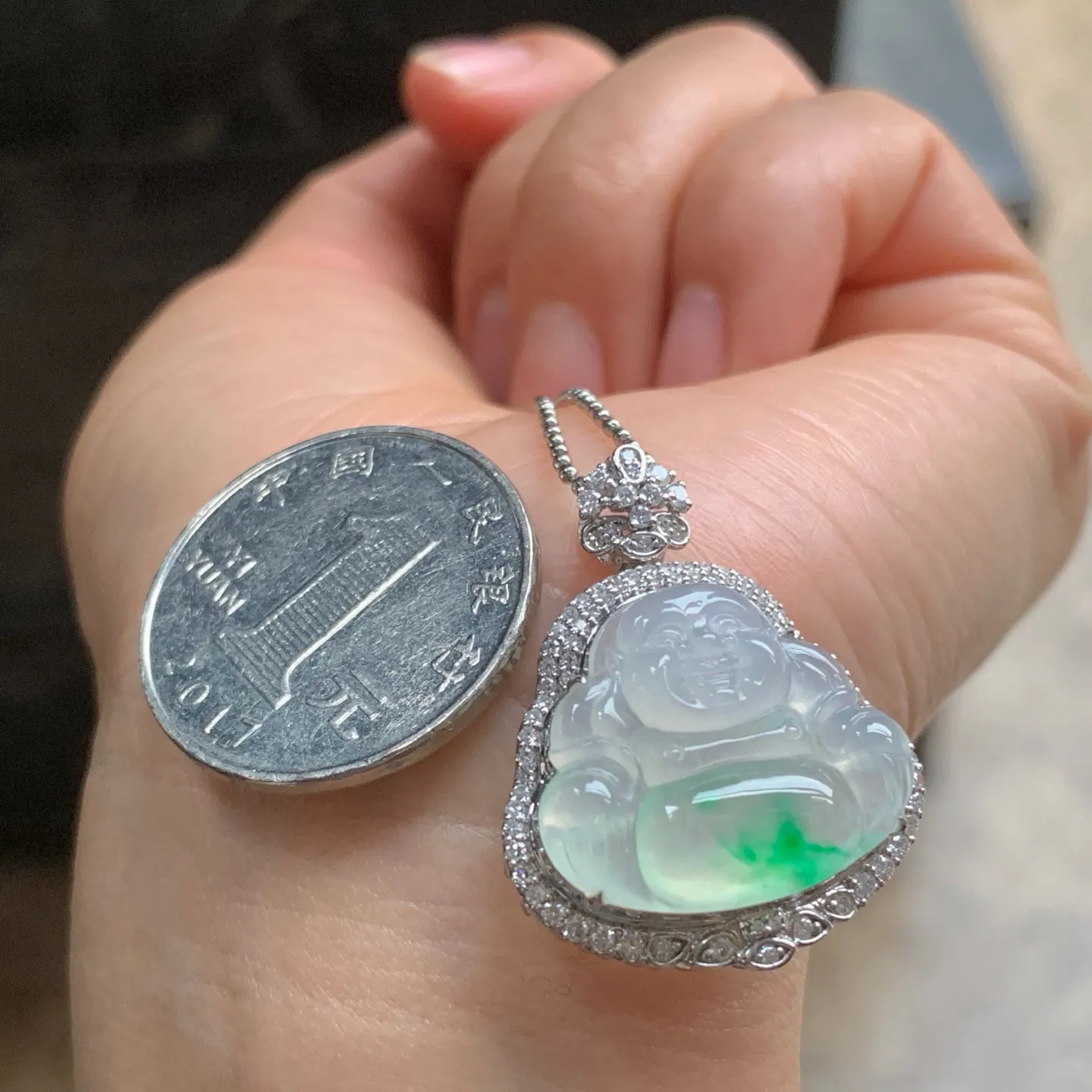 冰种金丝绿佛公 肚里藏金 水润冰透 18K金镶嵌