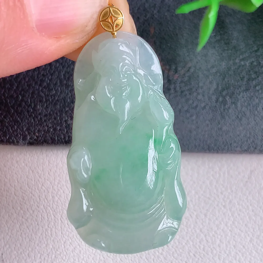 18k金财神爷吊坠 玉质细腻 色泽清新艳丽 W141.2  尺寸：35.5-19-5.8mm