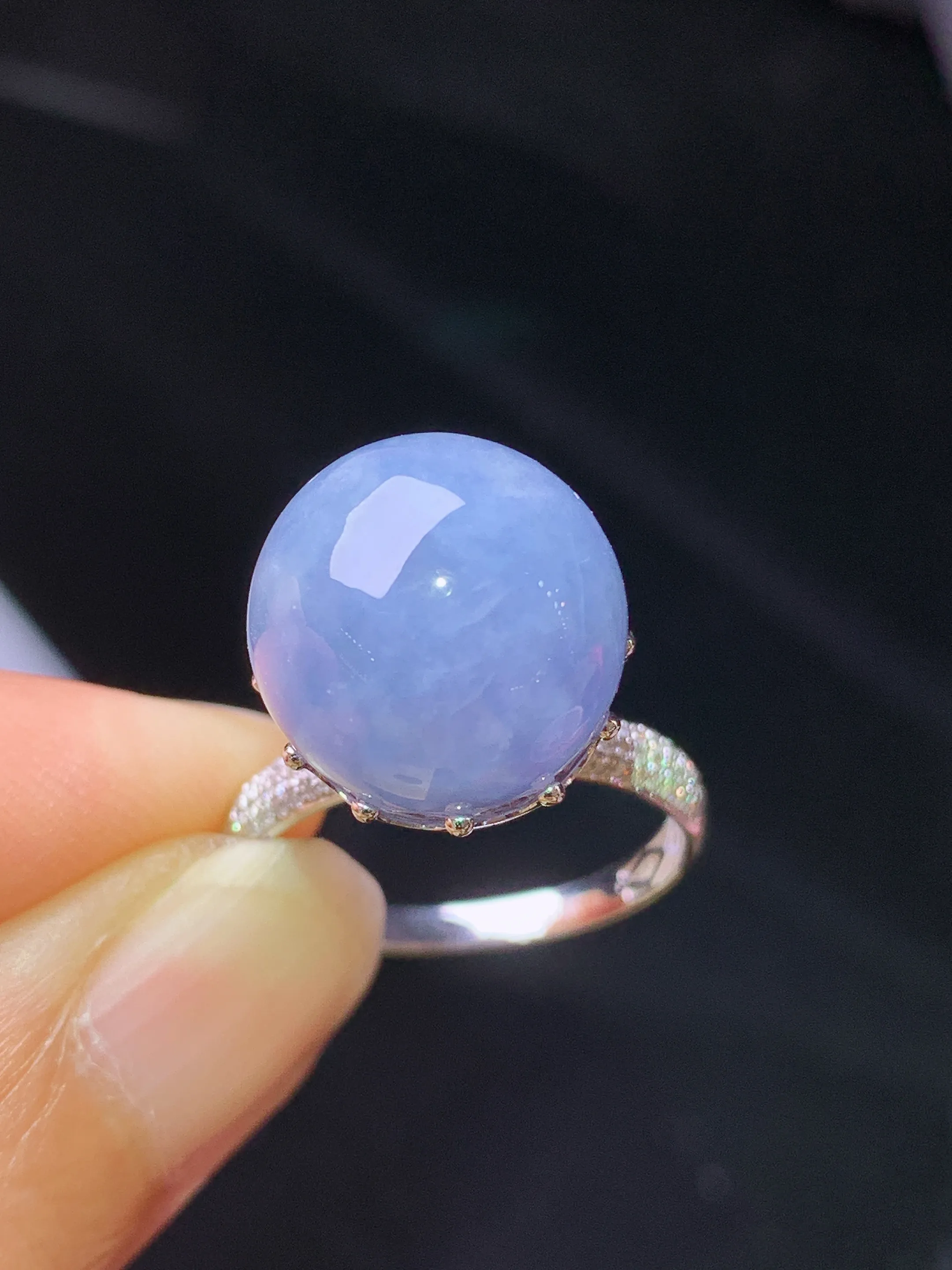 18k金钻镶嵌紫罗兰圆珠戒指 玉质细腻清新 水润亮眼 圈口13.5 整体尺寸13