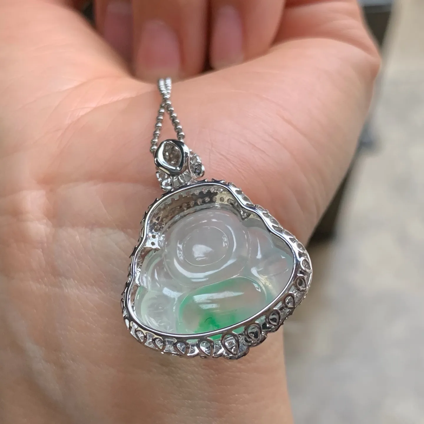 冰种金丝绿佛公 肚里藏金 水润冰透 18K金镶嵌