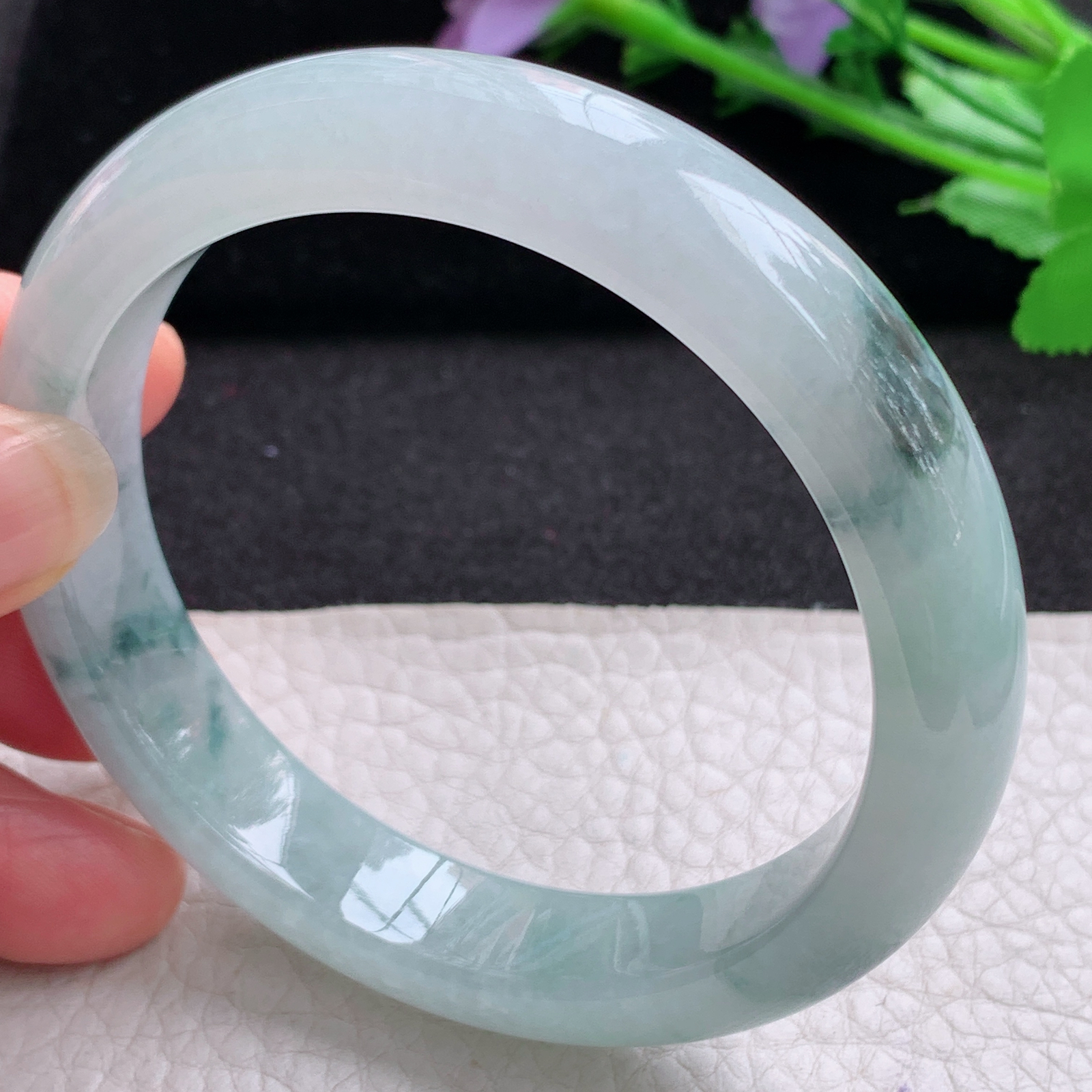 xx冰润飘逸款58.5*12.8*8.6平安镯 天然缅甸翡翠A货细润冰飘花宽边玉手环