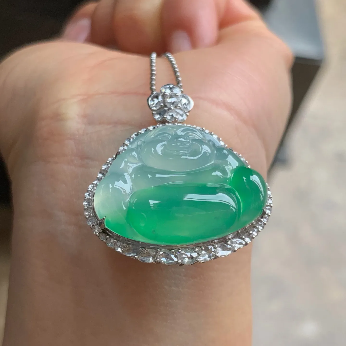 冰绿佛公 颜色漂亮 水润 18K金镶嵌