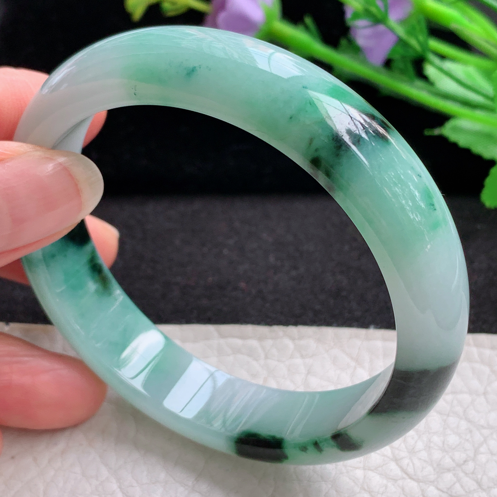 yw飘花款57.5*13.5*7.4平安镯 天然缅甸翡翠A货细润飘逸宽边玉手环