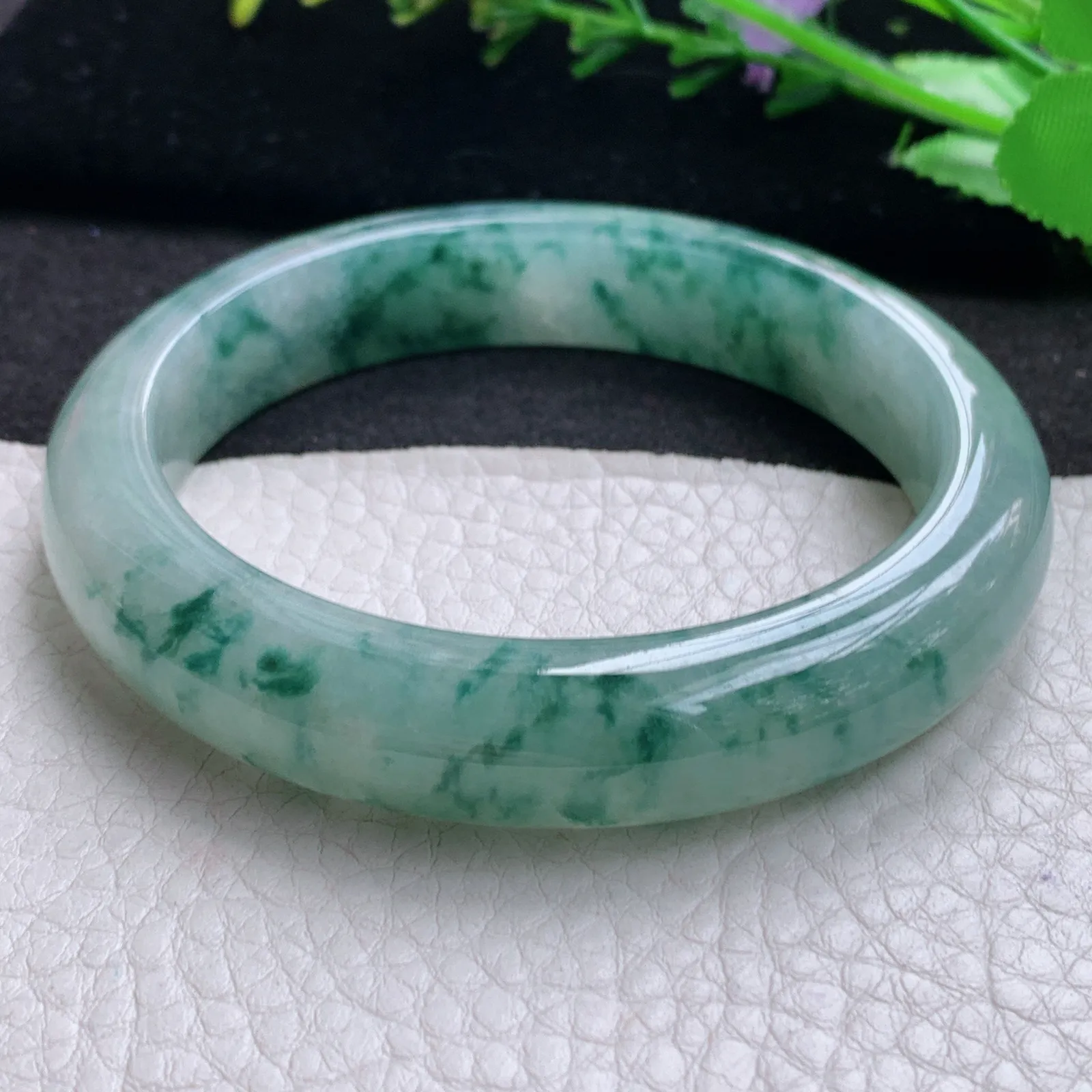 mq大圈口飘花款60*12.8*9平安镯 天然缅甸翡翠A货冰润大气飘逸宽边玉手环