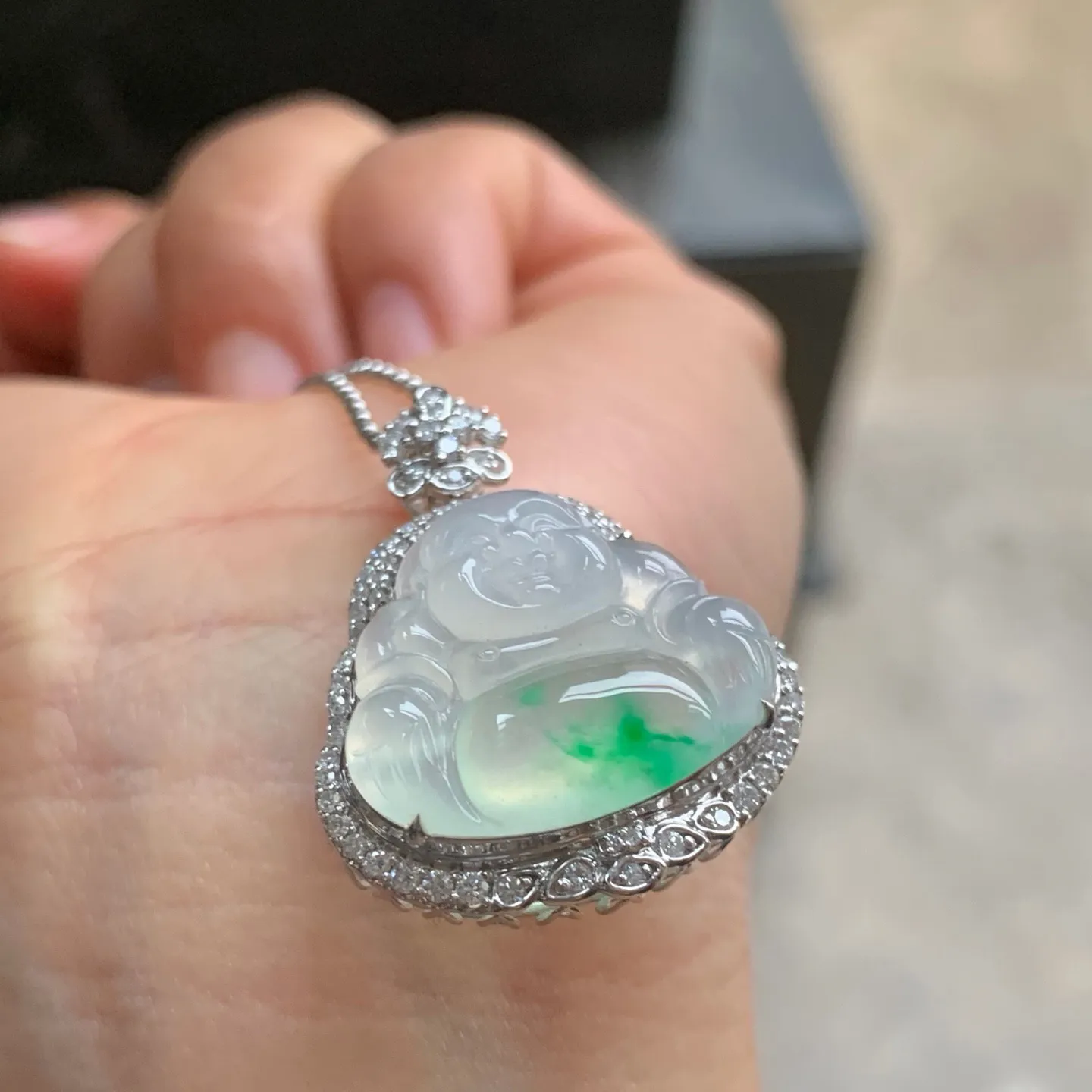 冰种金丝绿佛公 肚里藏金 水润冰透 18K金镶嵌