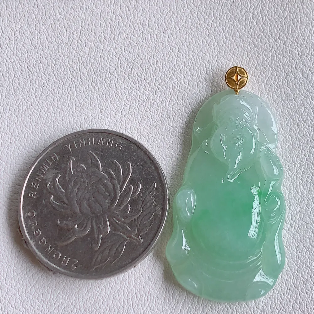 18k金财神爷吊坠 玉质细腻 色泽清新艳丽 W141.2  尺寸：35.5-19-5.8mm