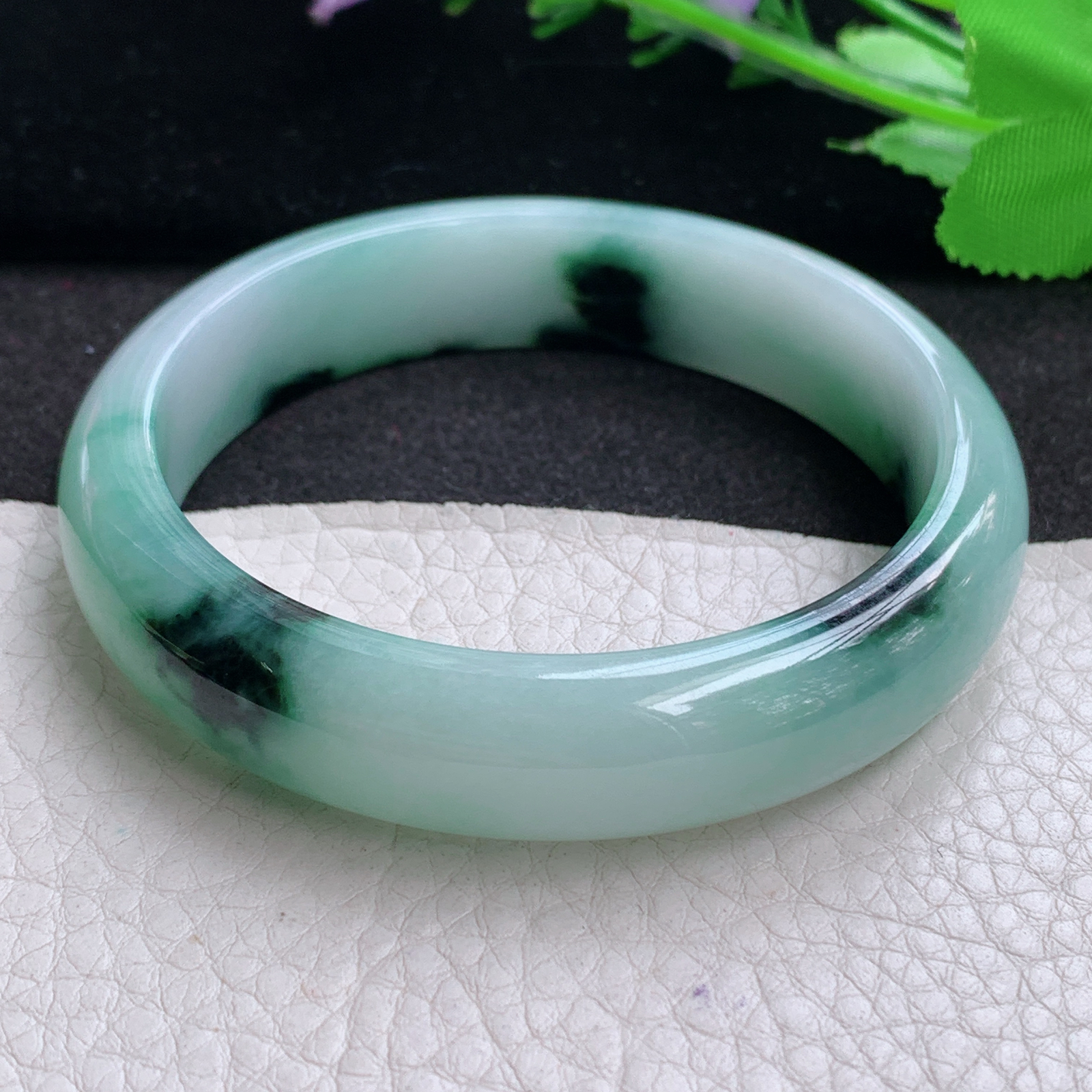 yw飘花款57.5*13.5*7.4平安镯 天然缅甸翡翠A货细润飘逸宽边玉手环