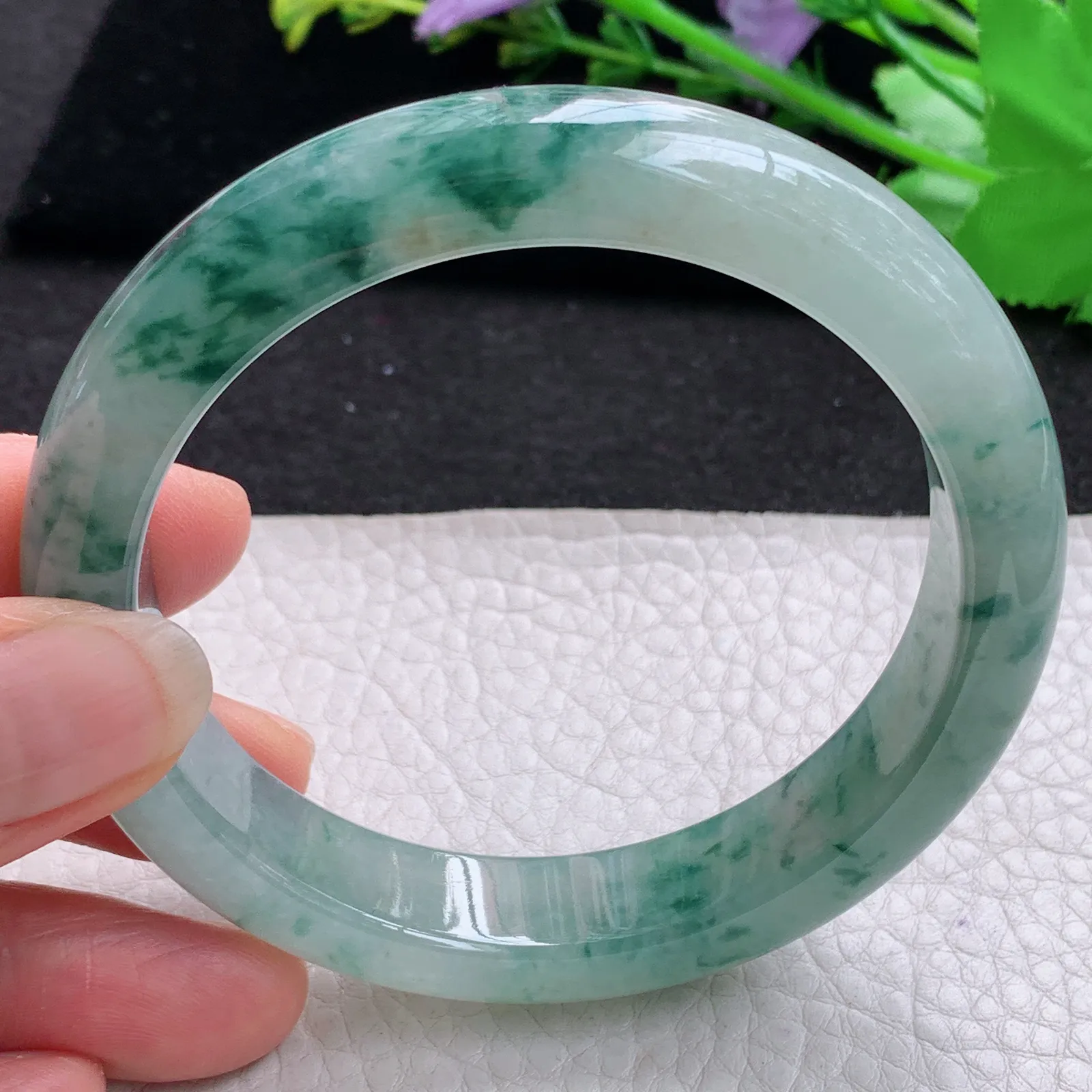 mq大圈口飘花款60*12.8*9平安镯 天然缅甸翡翠A货冰润大气飘逸宽边玉手环