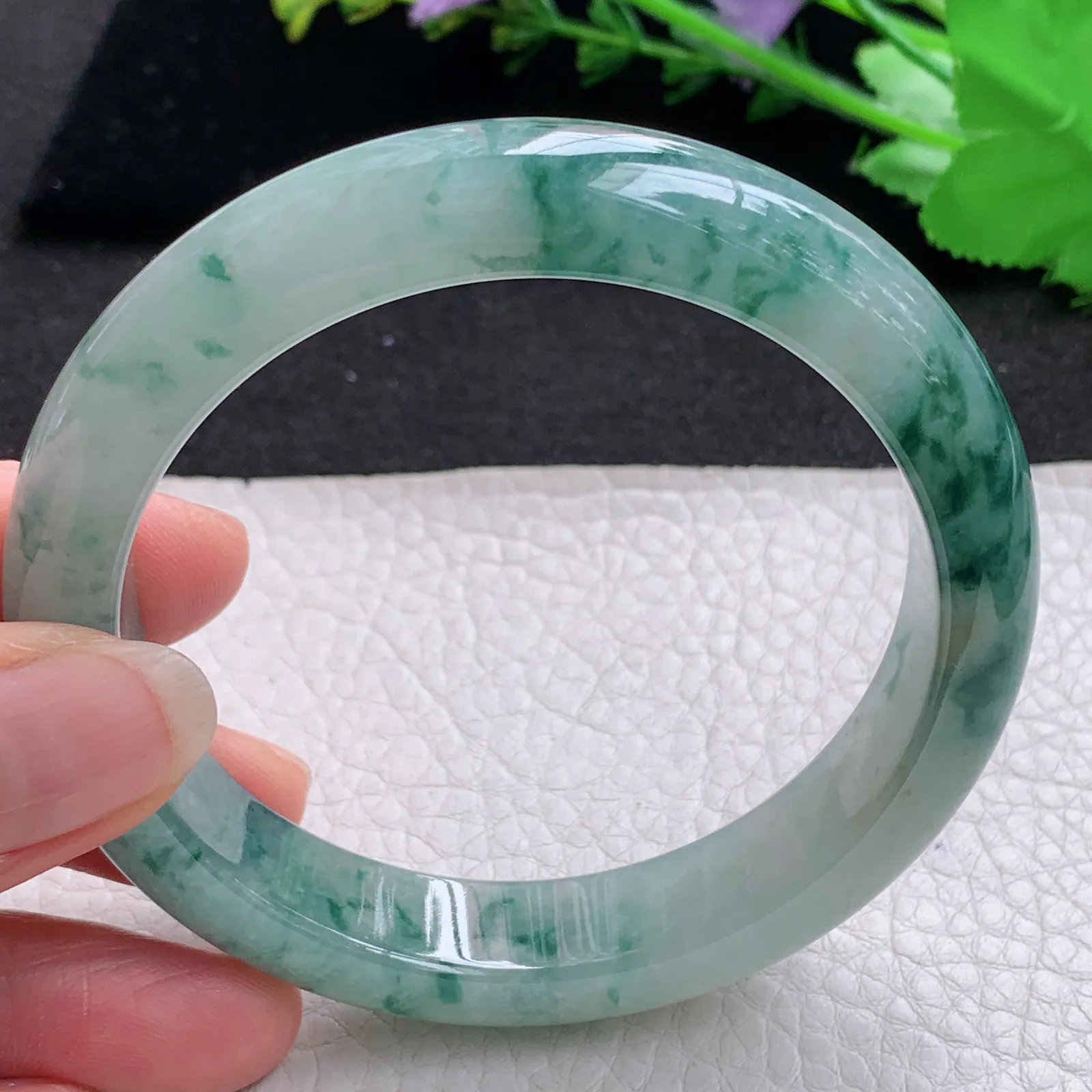 mq大圈口飘花款60*12.8*9平安镯 天然缅甸翡翠A货冰润大气飘逸宽边玉手环