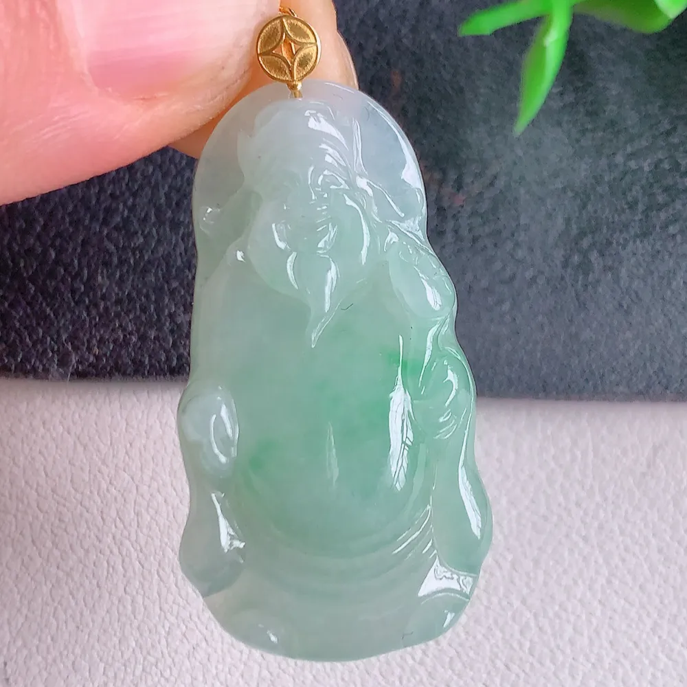 18k金财神爷吊坠 玉质细腻 色泽清新艳丽 W141.2  尺寸：35.5-19-5.8mm