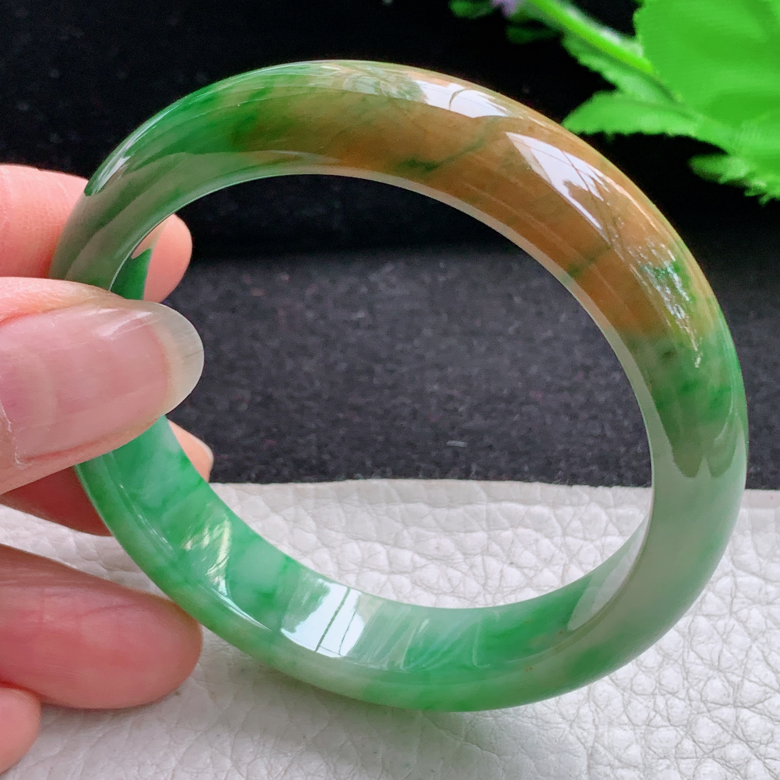 h小圈口52.3*12.2*7.5平安镯 天然缅甸翡翠A货细润辣色双彩宽边玉手环