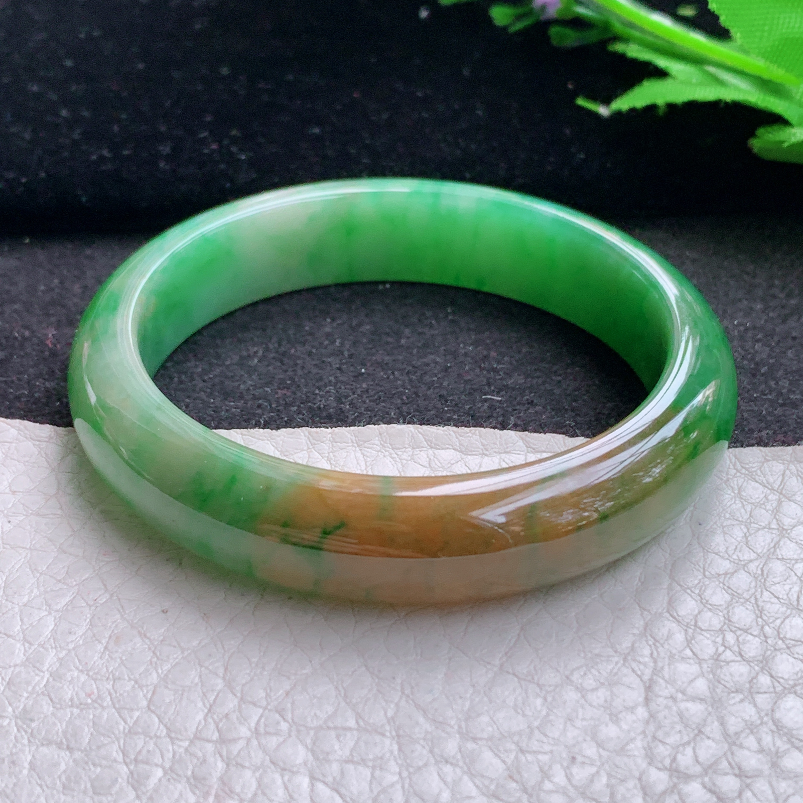 h小圈口52.3*12.2*7.5平安镯 天然缅甸翡翠A货细润辣色双彩宽边玉手环