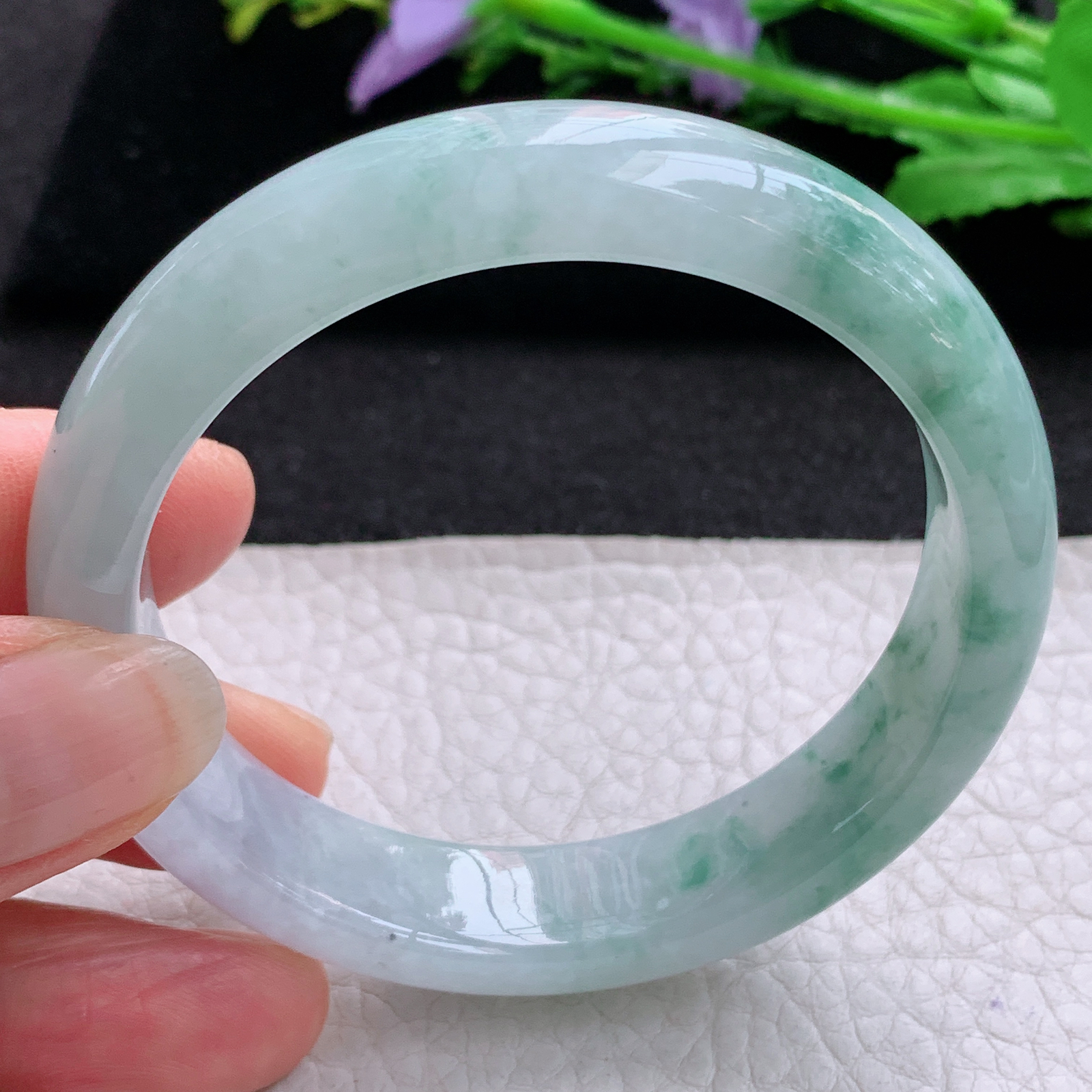 z实拍53.6*12.3*7.5飘花平安镯 天然缅甸翡翠A货胶感飘逸宽边玉手环