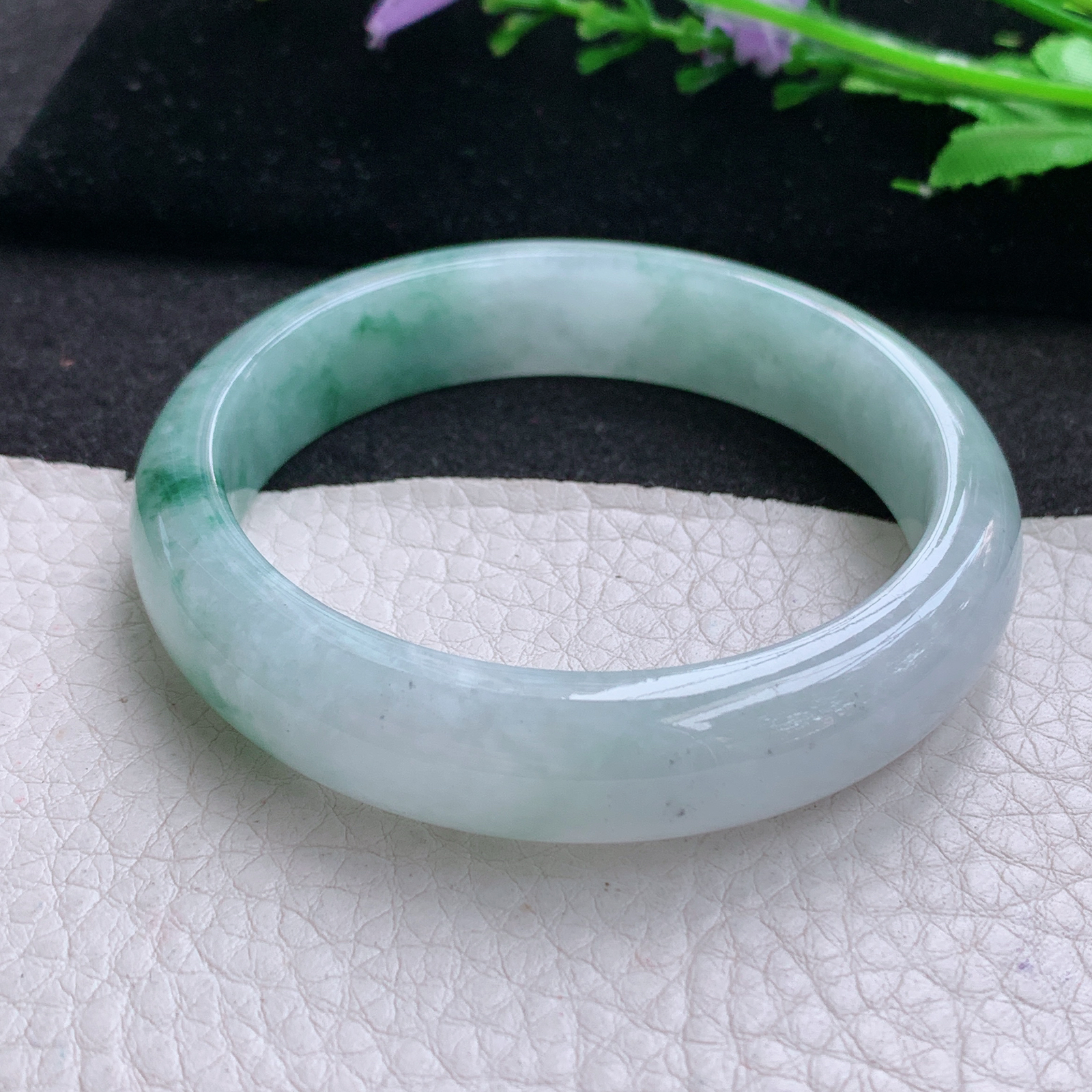 z实拍53.6*12.3*7.5飘花平安镯 天然缅甸翡翠A货胶感飘逸宽边玉手环