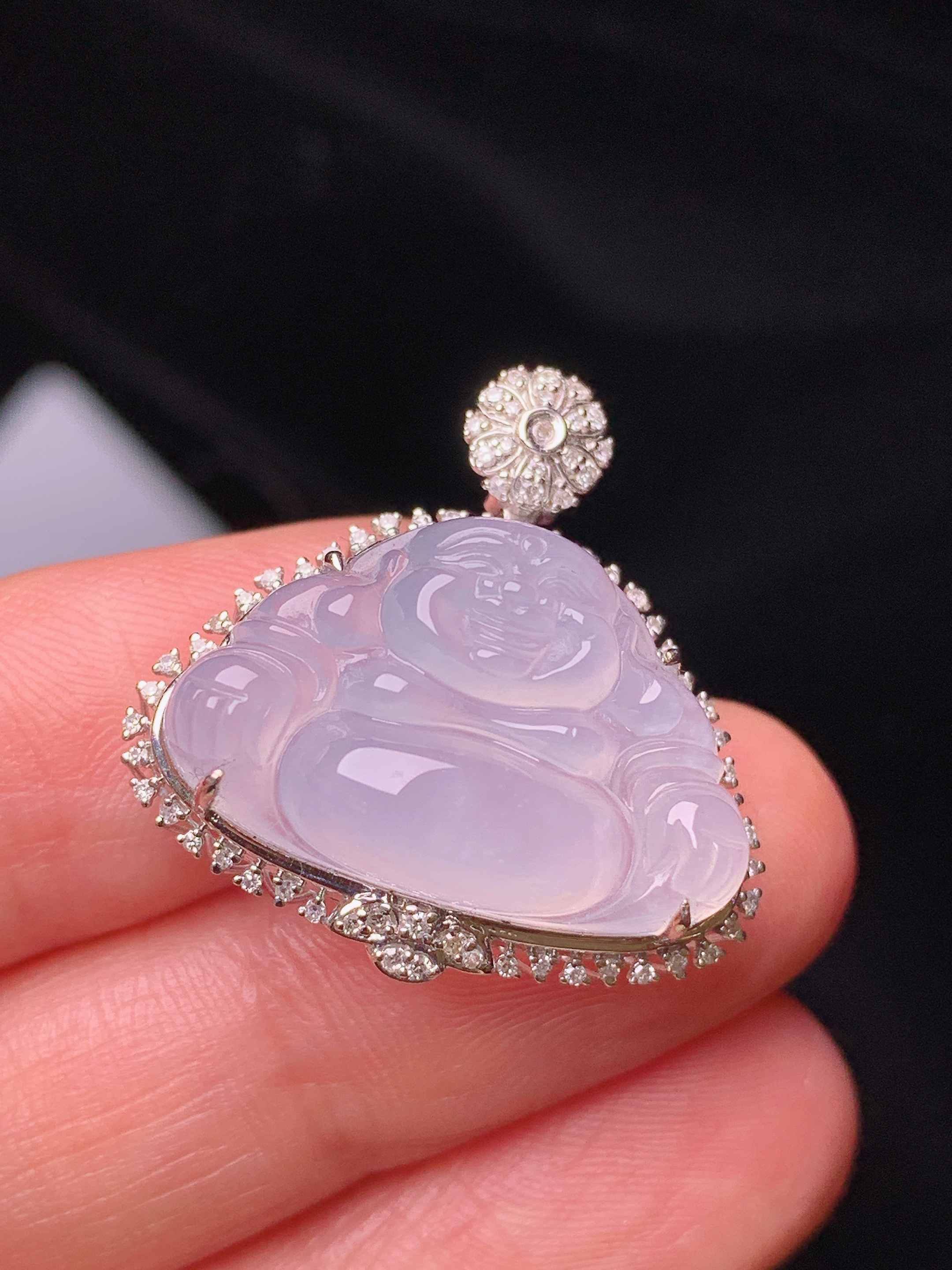 18k金钻镶嵌冰种佛公吊坠 玉质细腻 色泽艳丽清新 水润亮眼 整体尺寸24.8*24.6*10.2