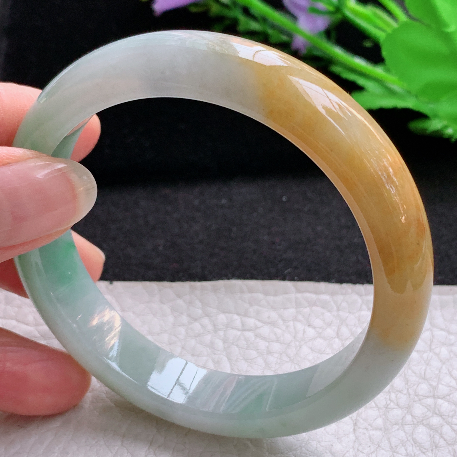 h实拍57*12.6*7.7平安镯 天然缅甸翡翠A货细润三彩鲜靓宽边玉手环