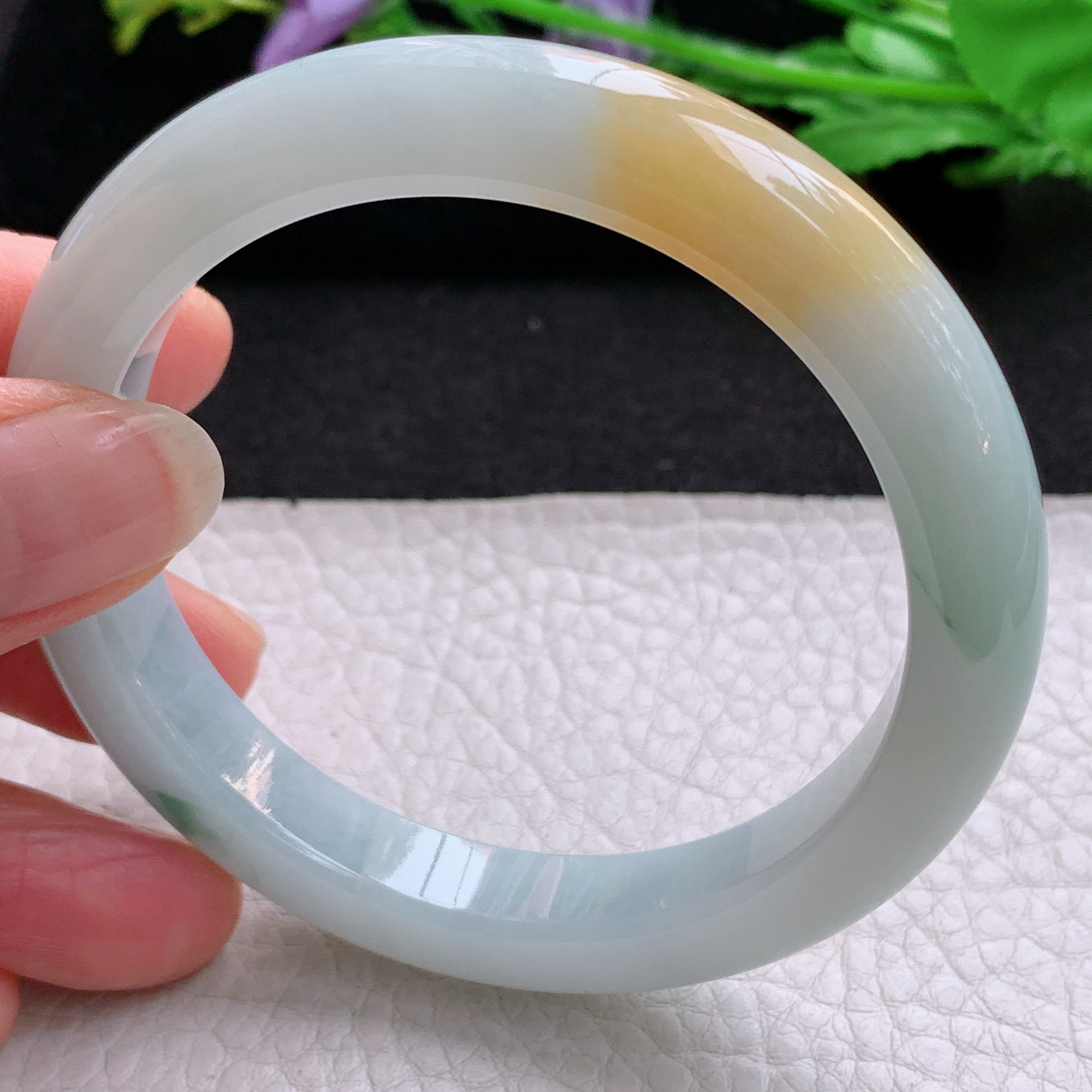 nr福禄祷款58.5*10*8.5平安镯 天然缅甸翡翠A货细润三彩宽边玉手环