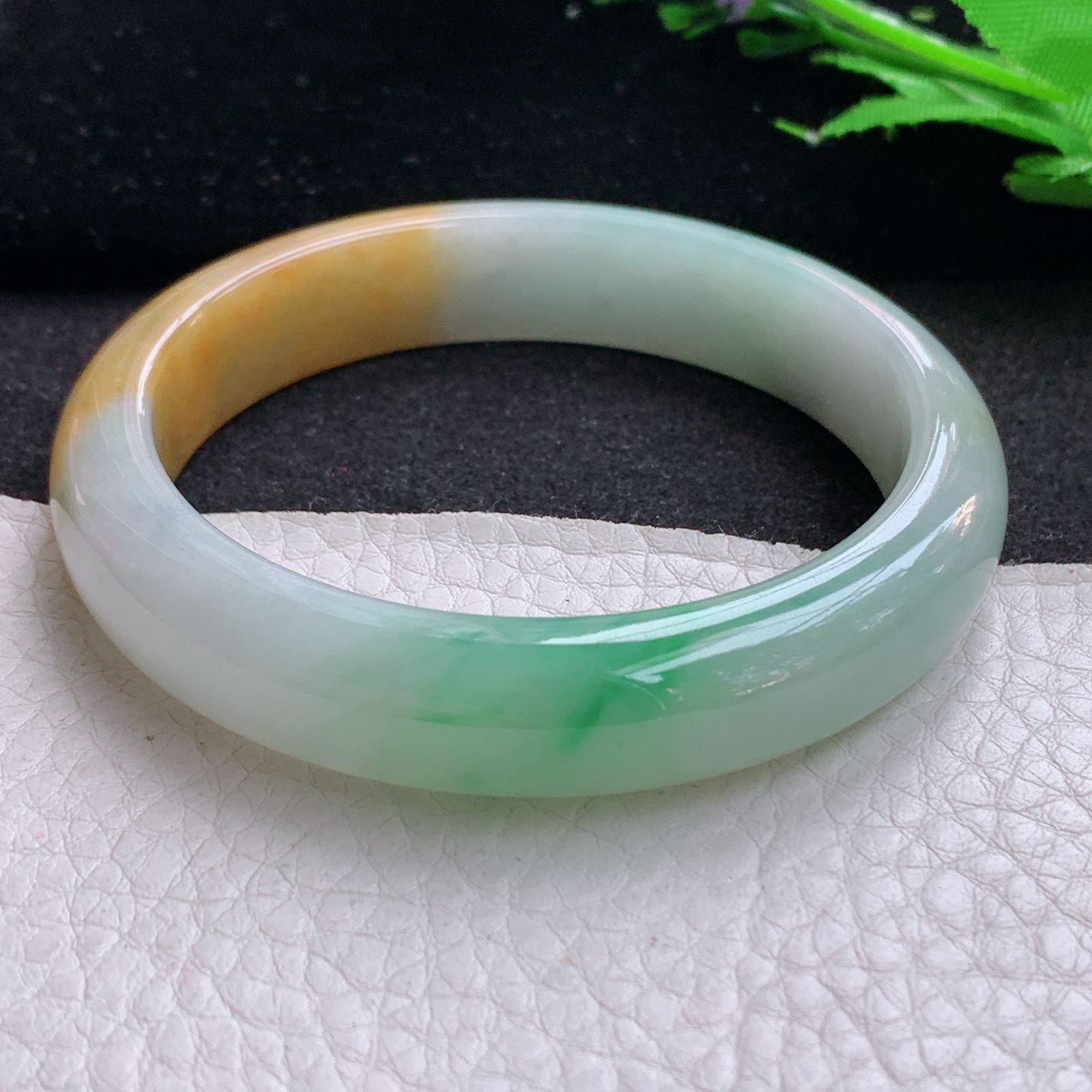 h实拍57*12.6*7.7平安镯 天然缅甸翡翠A货细润三彩鲜靓宽边玉手环