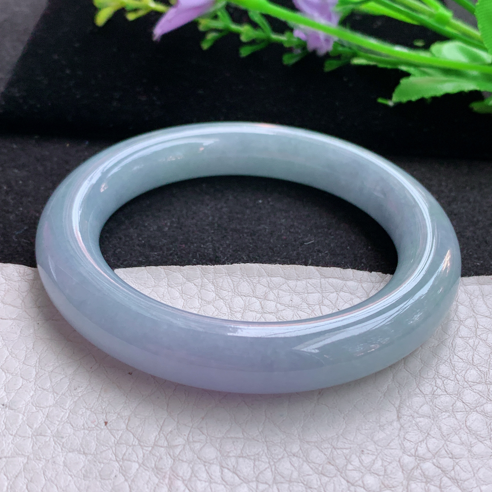 z实拍55*11.2胖圆镯 天然缅甸翡翠A货胶感紫罗兰圆条玉手环