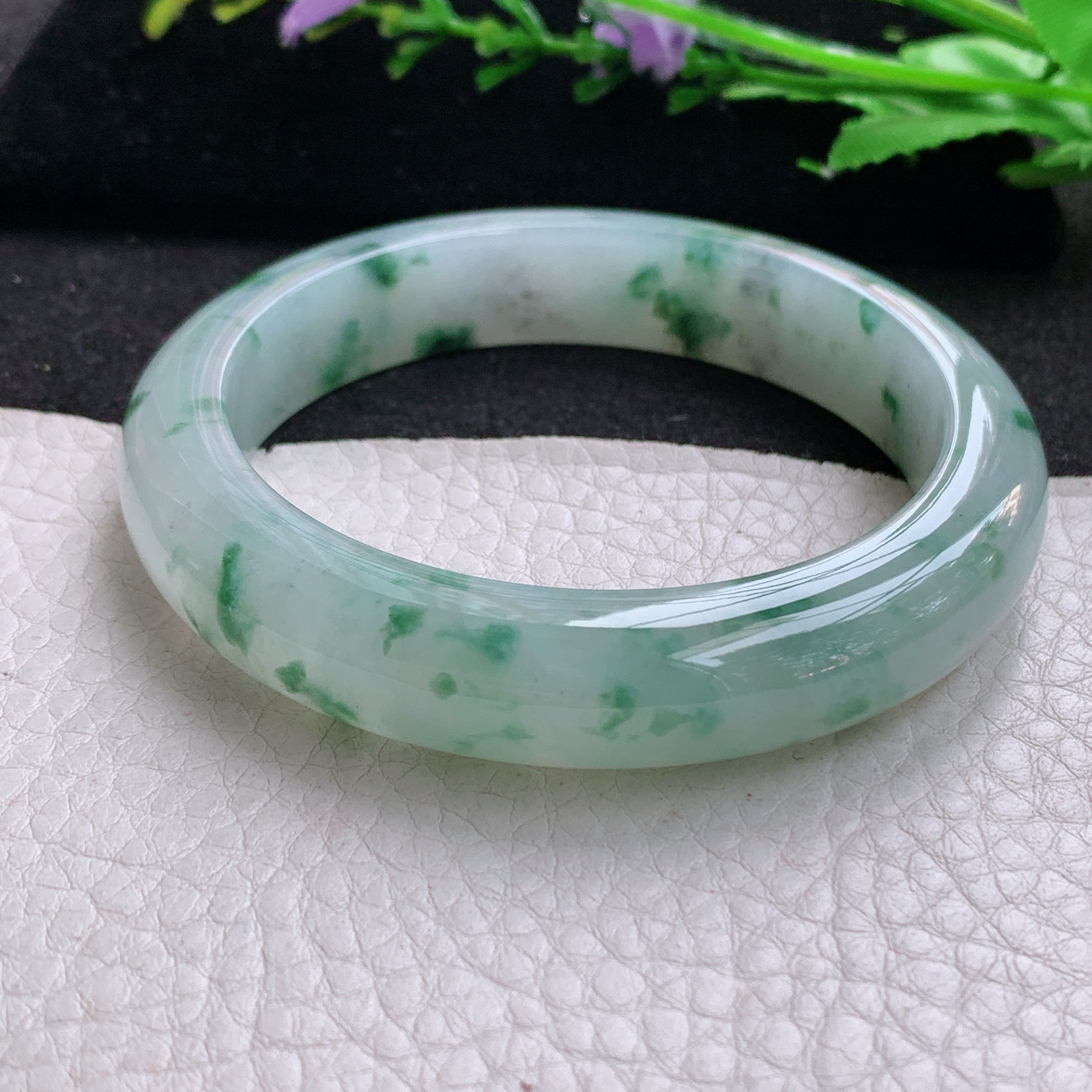 nr冰润飘花款56*12*8.8平安镯 天然缅甸翡翠A货飘逸冰胶宽边玉手环