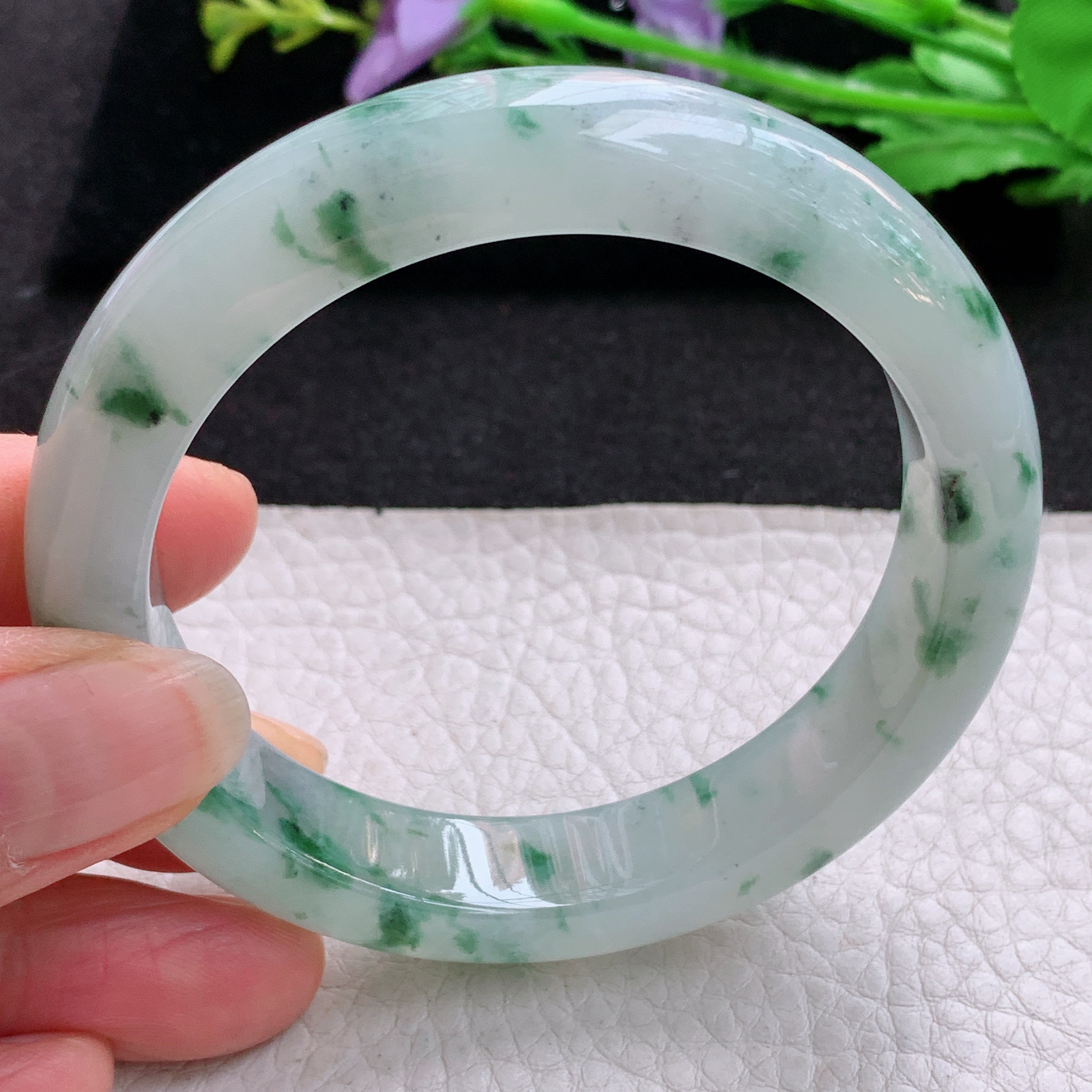 nr冰润飘花款56*12*8.8平安镯 天然缅甸翡翠A货飘逸冰胶宽边玉手环