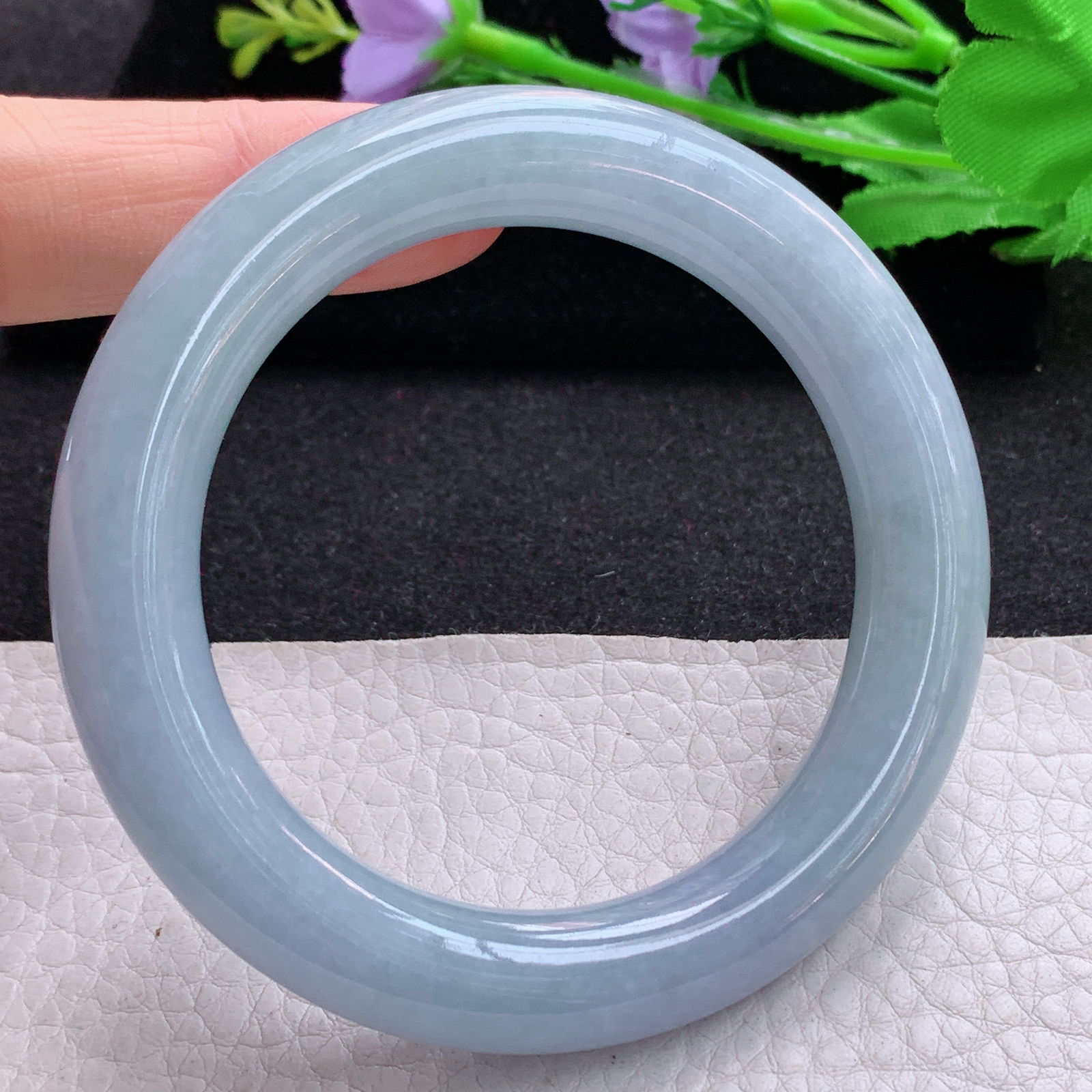 z实拍55*11.2胖圆镯 天然缅甸翡翠A货胶感紫罗兰圆条玉手环