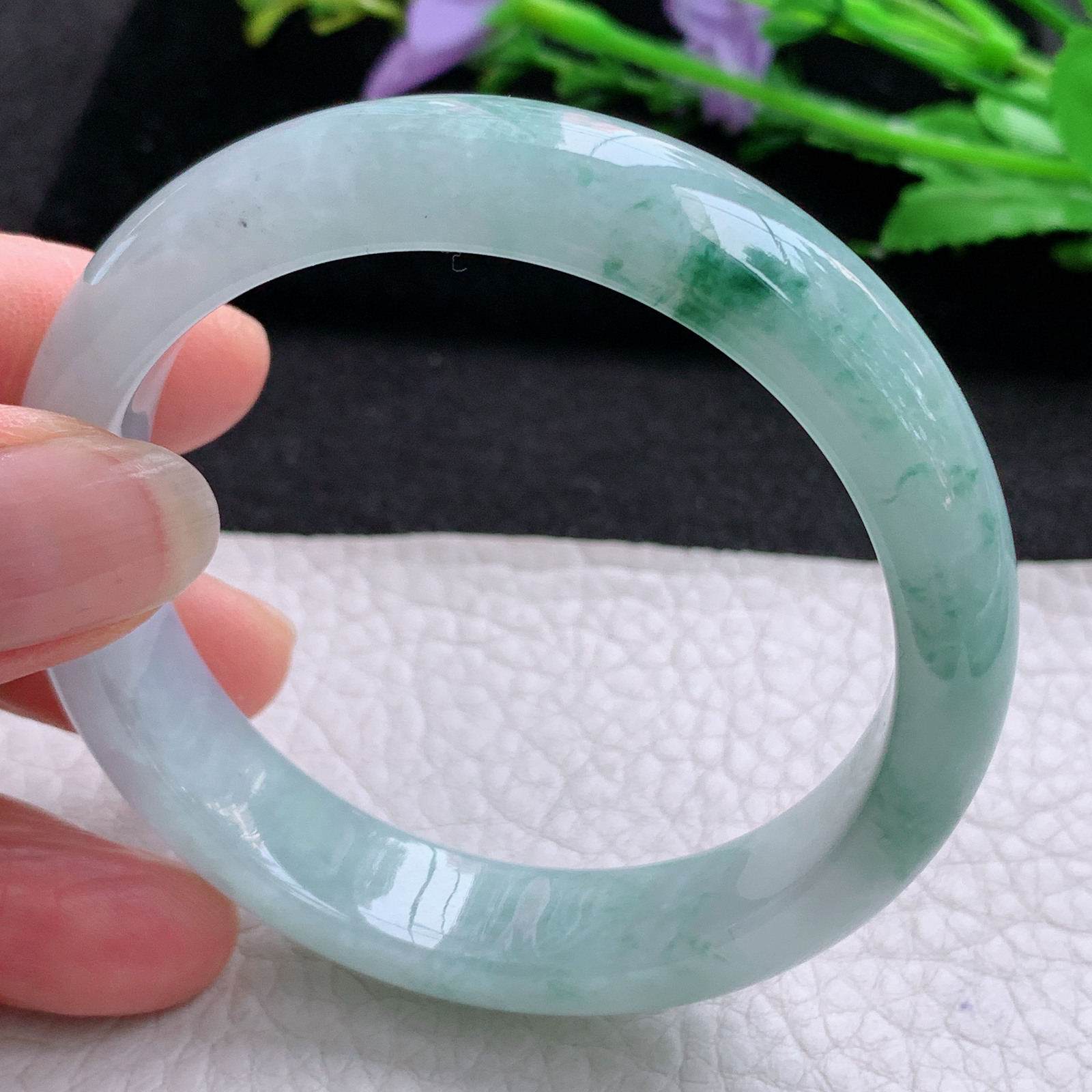 z实拍53.6*12.3*7.5飘花平安镯 天然缅甸翡翠A货胶感飘逸宽边玉手环