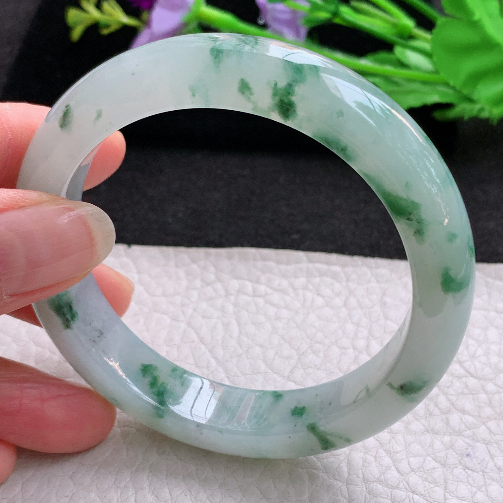 nr冰润飘花款56*12*8.8平安镯 天然缅甸翡翠A货飘逸冰胶宽边玉手环