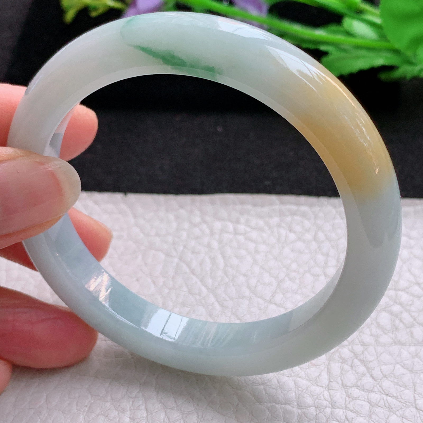 nr福禄祷款58.5*10*8.5平安镯 天然缅甸翡翠A货细润三彩宽边玉手环