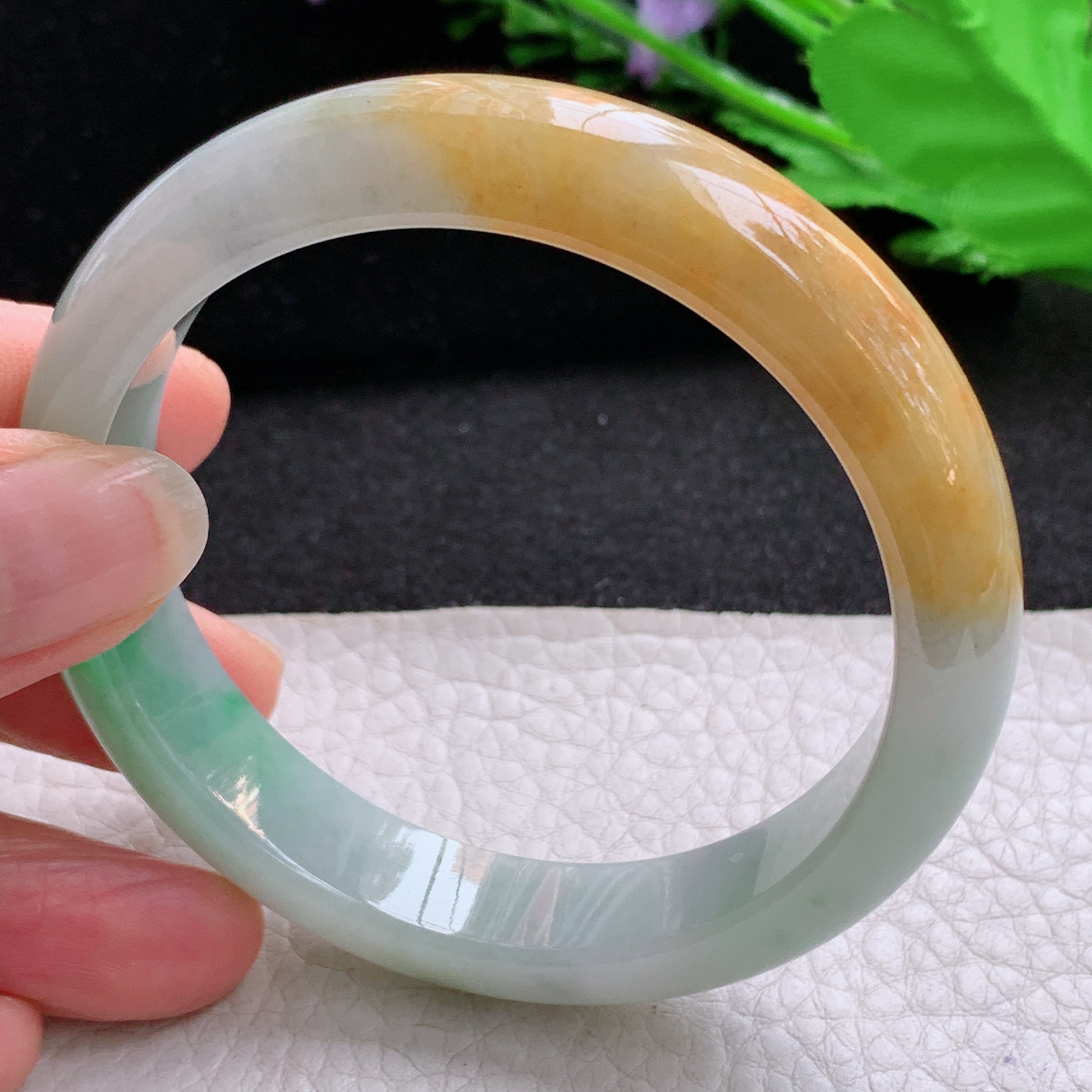 h实拍57*12.6*7.7平安镯 天然缅甸翡翠A货细润三彩鲜靓宽边玉手环