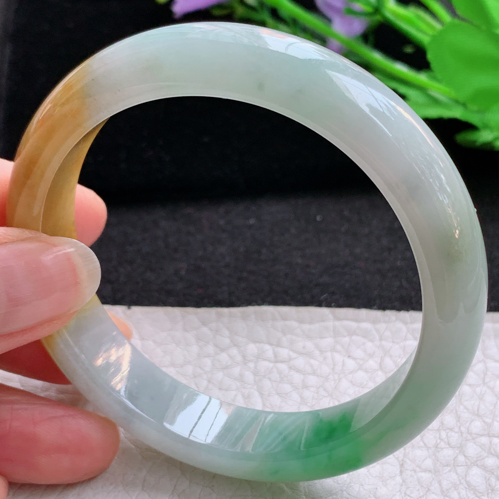 h实拍57*12.6*7.7平安镯 天然缅甸翡翠A货细润三彩鲜靓宽边玉手环