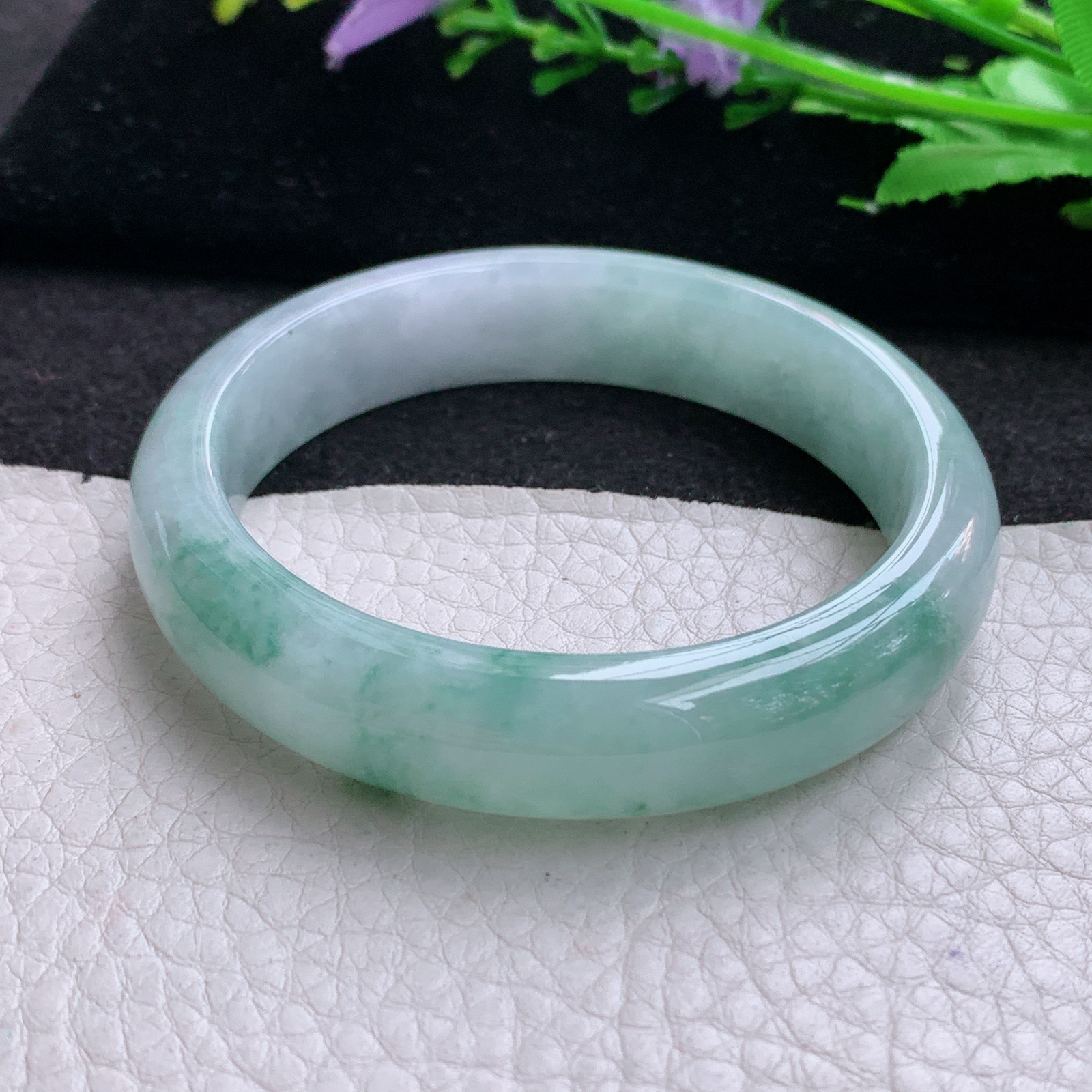 z实拍53.6*12.3*7.5飘花平安镯 天然缅甸翡翠A货胶感飘逸宽边玉手环