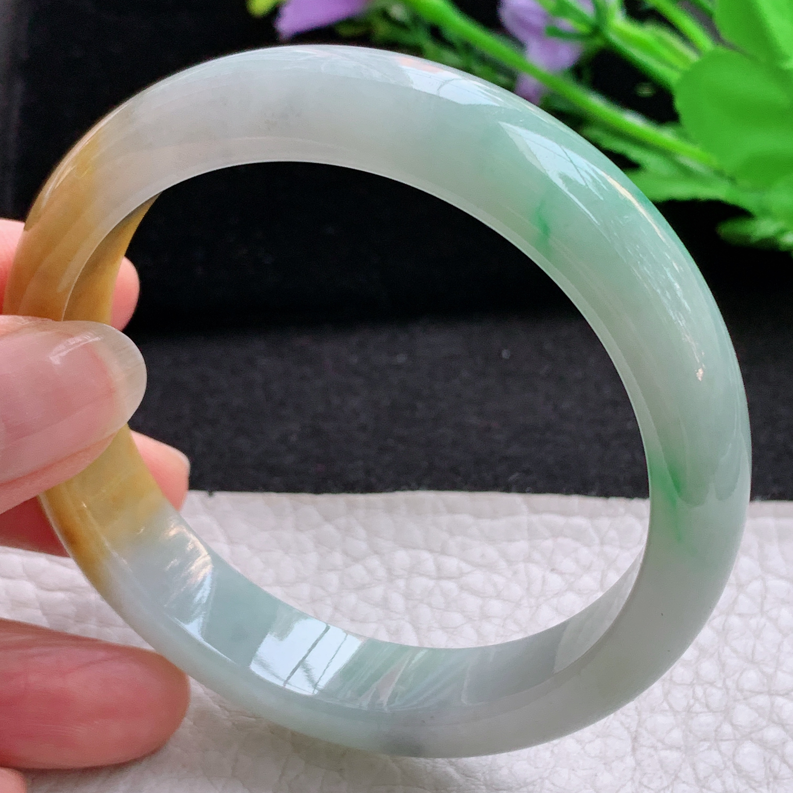 h实拍57*12.6*7.7平安镯 天然缅甸翡翠A货细润三彩鲜靓宽边玉手环