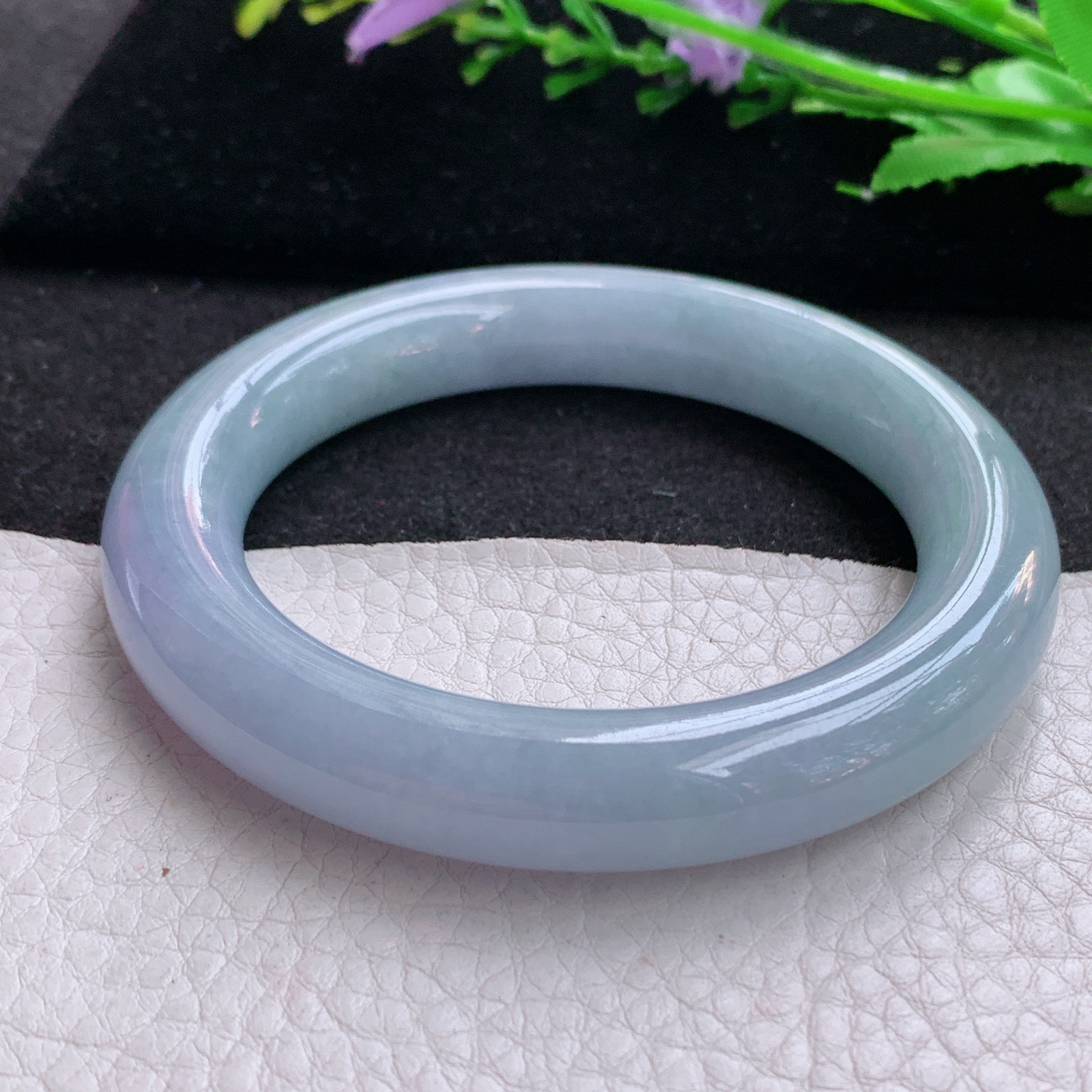 z实拍55*11.2胖圆镯 天然缅甸翡翠A货胶感紫罗兰圆条玉手环