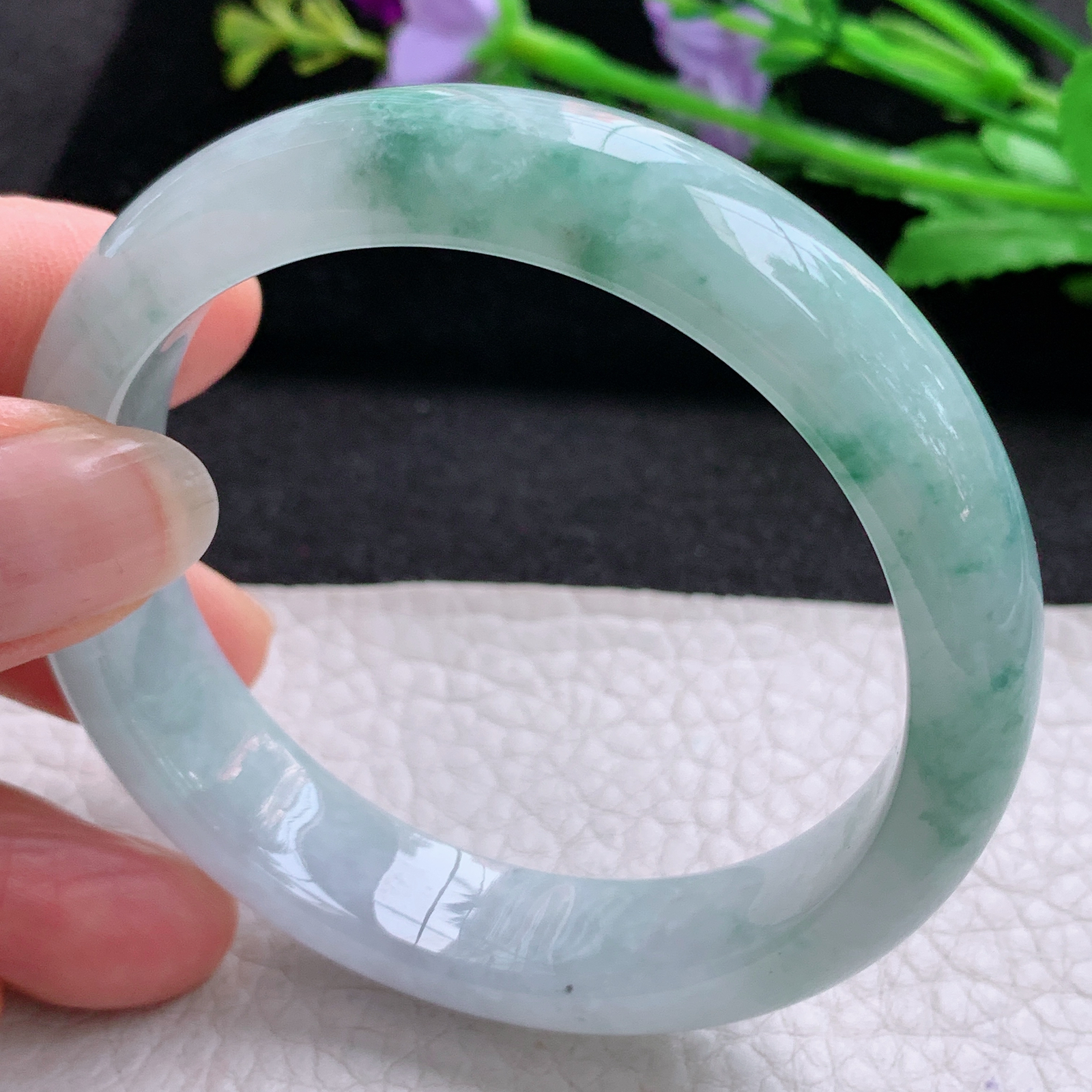 z实拍53.6*12.3*7.5飘花平安镯 天然缅甸翡翠A货胶感飘逸宽边玉手环