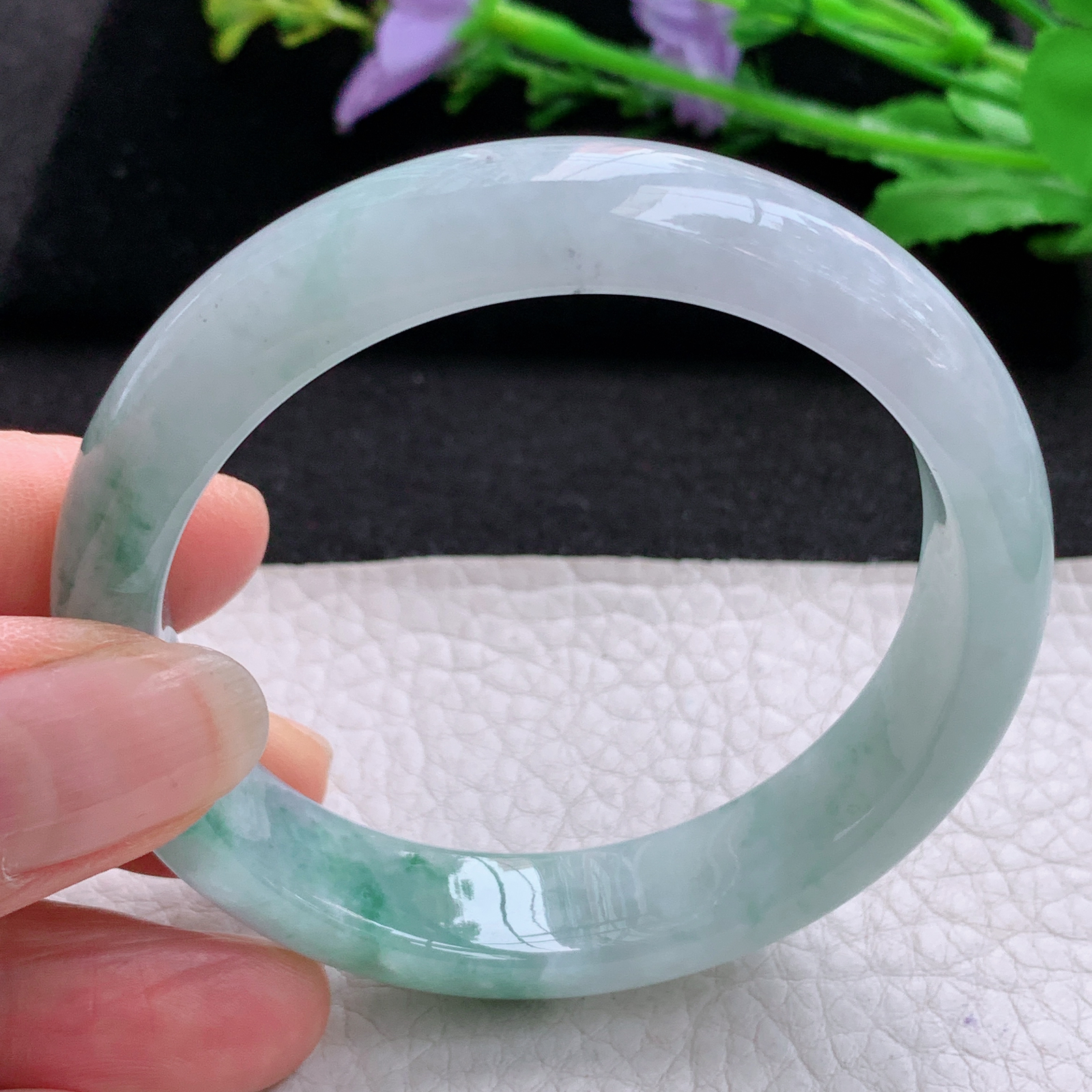 z实拍53.6*12.3*7.5飘花平安镯 天然缅甸翡翠A货胶感飘逸宽边玉手环