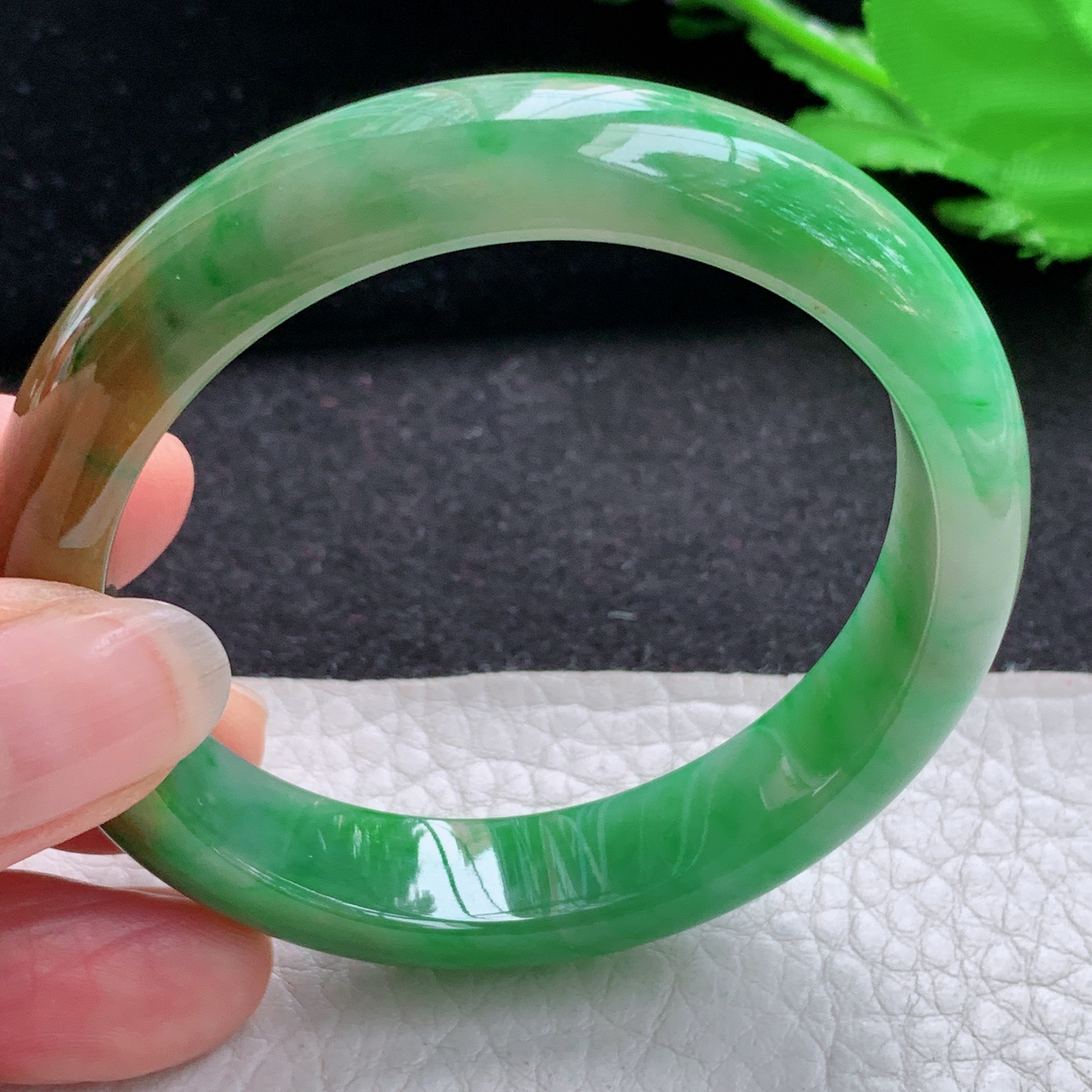 h小圈口52.3*12.2*7.5平安镯 天然缅甸翡翠A货细润辣色双彩宽边玉手环